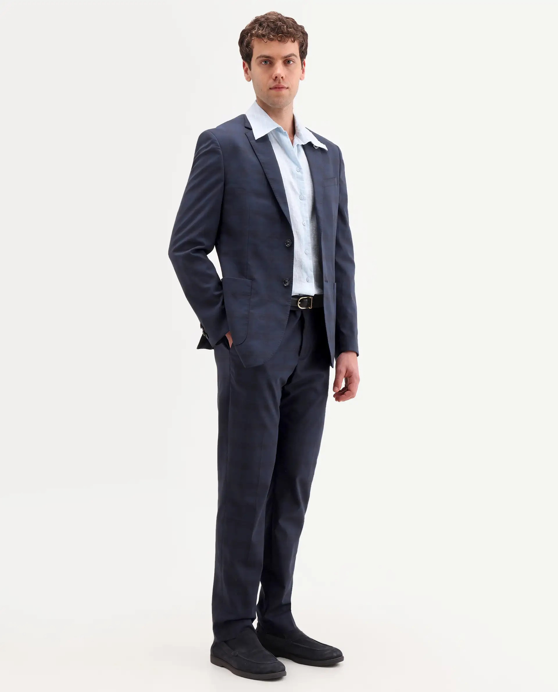 Rare Rabbit Men's Mack Dark Navy Polyester Checked Print Tailored Fit Full Sleeve Lapel Neck Suits - Image 15