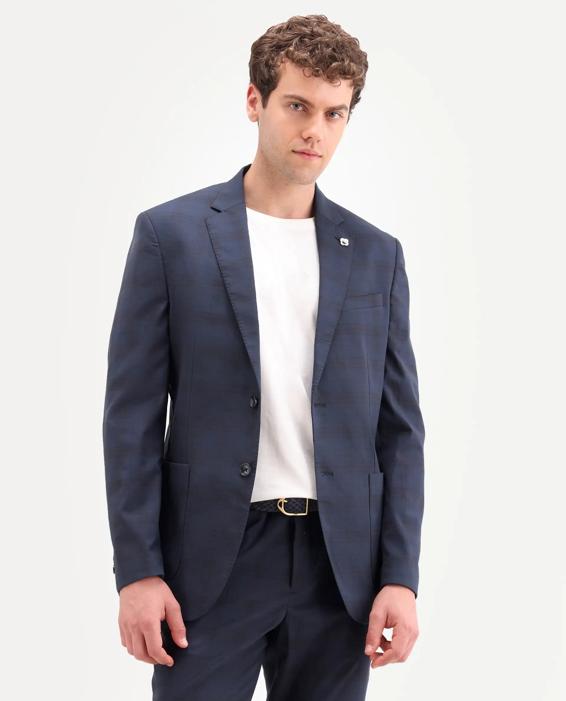 Rare Rabbit Men's Mack Dark Navy Polyester Checked Print Tailored Fit Full Sleeve Lapel Neck Suits - Image 5
