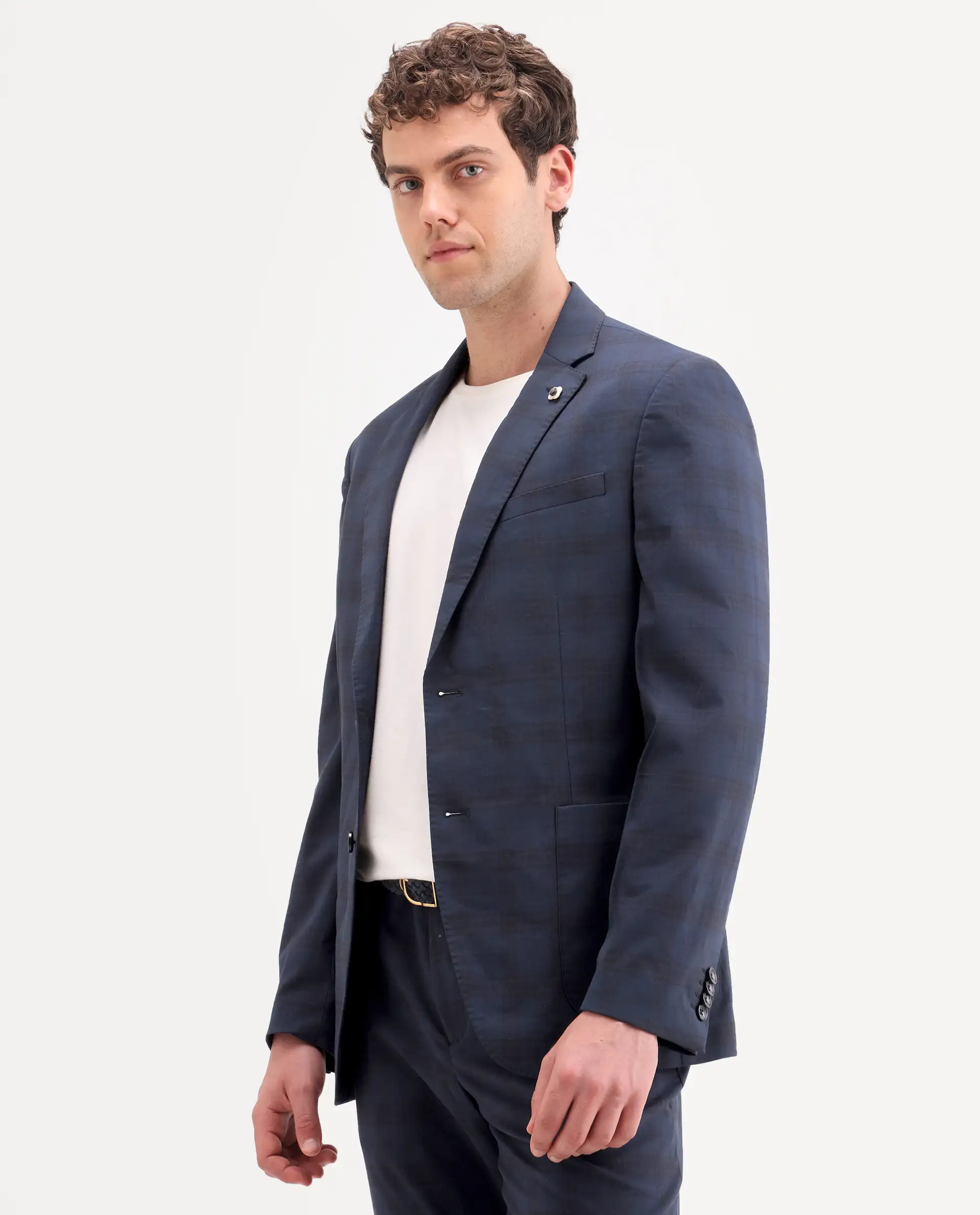 Rare Rabbit Men's Mack Dark Navy Polyester Checked Print Tailored Fit Full Sleeve Lapel Neck Suits - Image 7