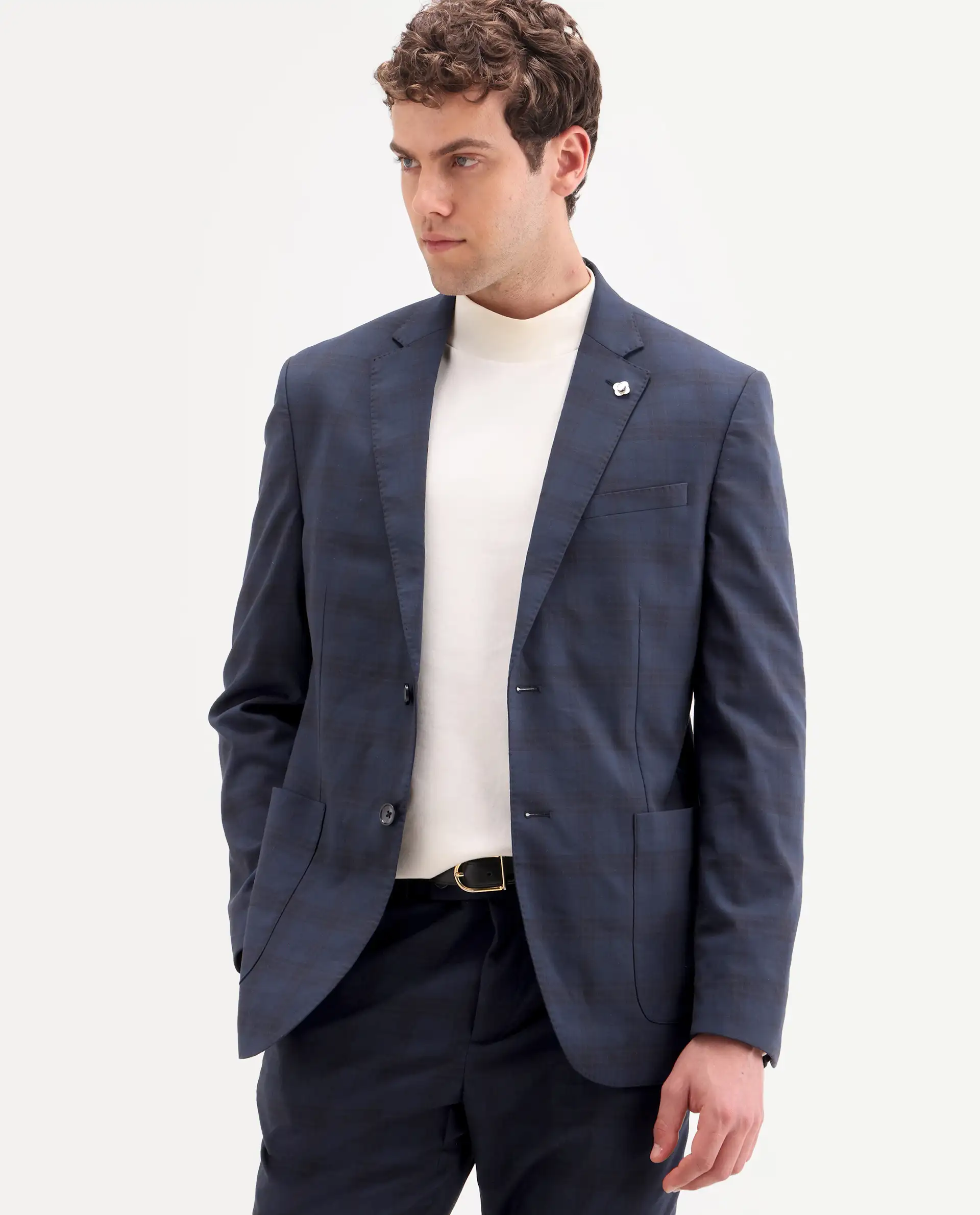 Rare Rabbit Men's Mack Dark Navy Polyester Checked Print Tailored Fit Full Sleeve Lapel Neck Suits - Image 9