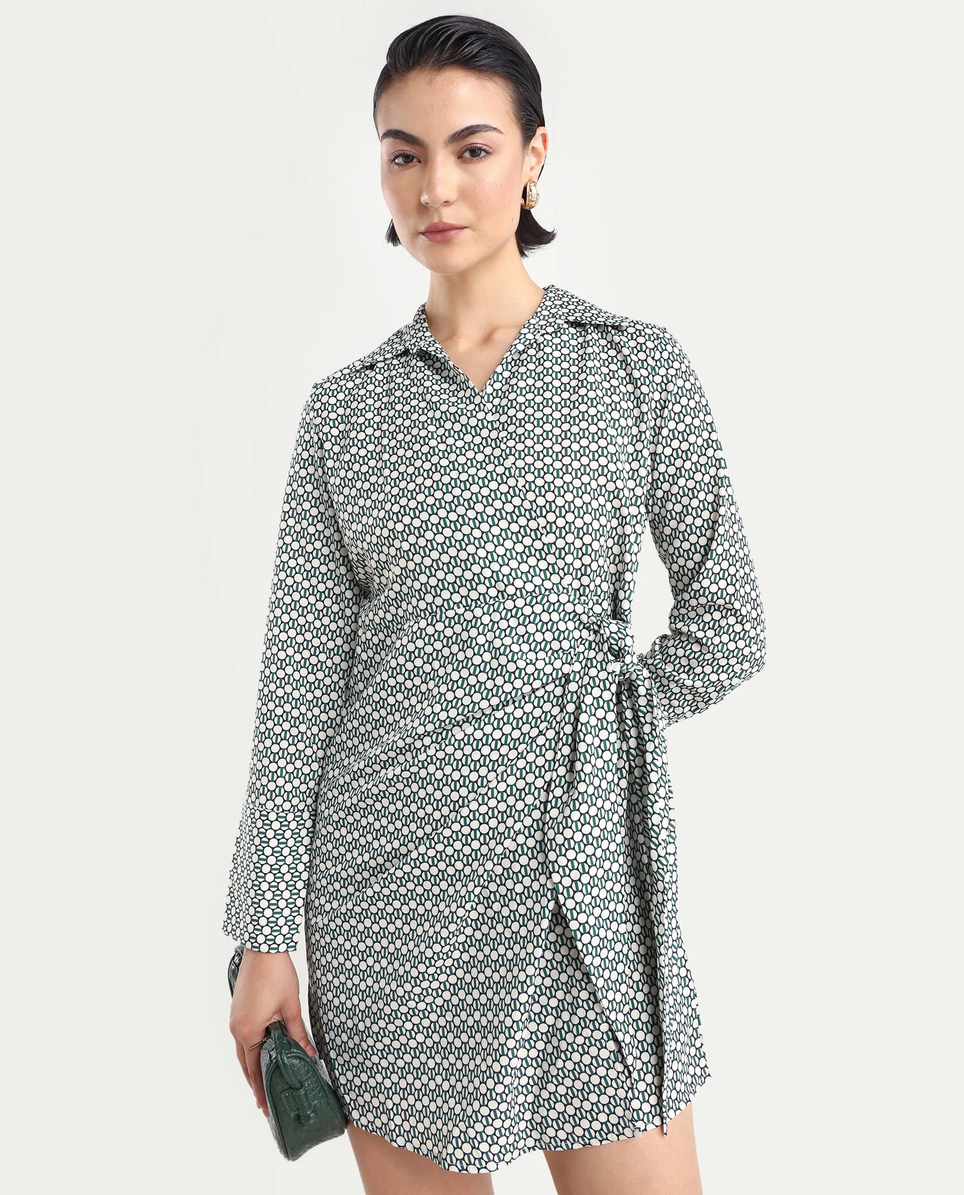 Rareism Women's Mackay Green Polyester Drop Collar Geometric Print Mini Regular Fit Dress