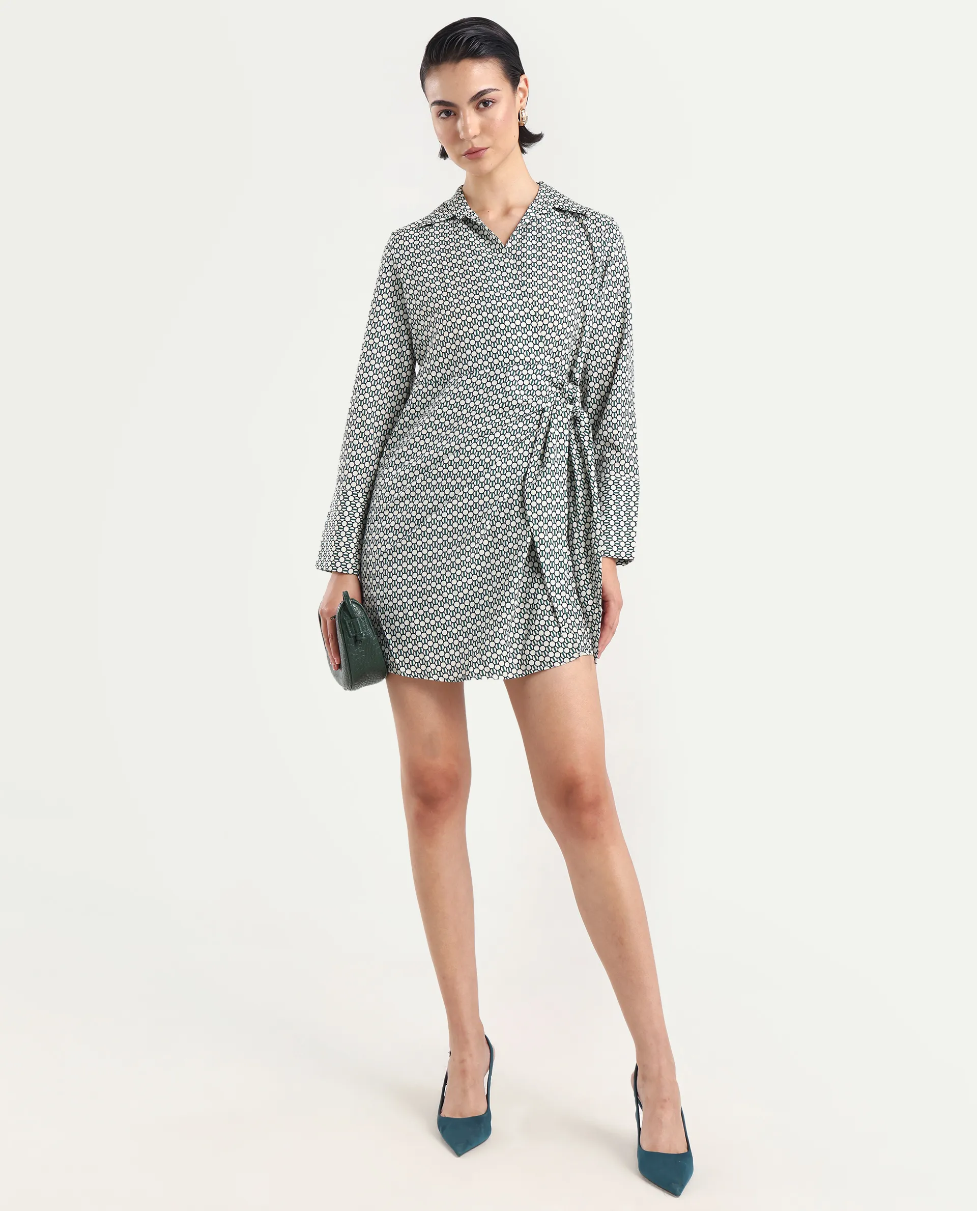 Rareism Women's Mackay Green Polyester Drop Collar Geometric Print Mini Regular Fit Dress - Image 2