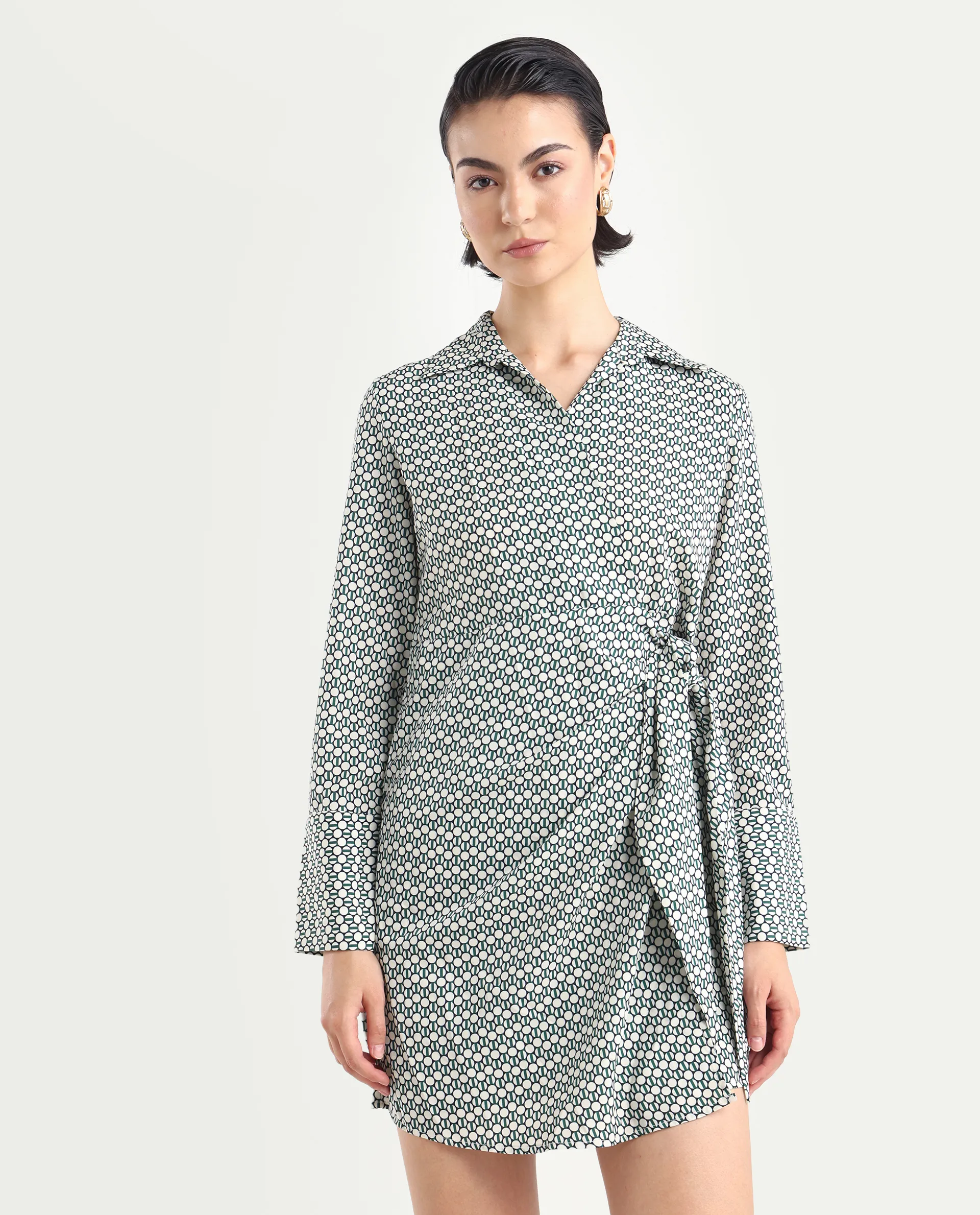 Rareism Women's Mackay Green Polyester Drop Collar Geometric Print Mini Regular Fit Dress - Image 3