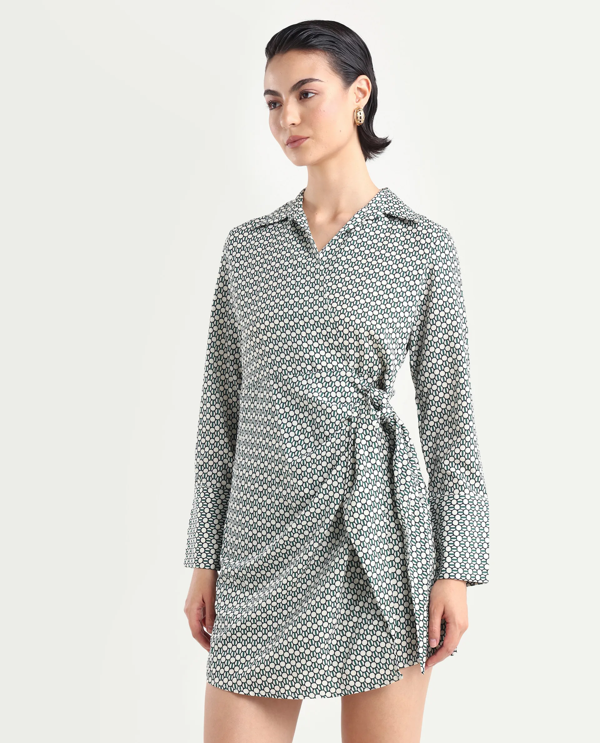 Rareism Women's Mackay Green Polyester Drop Collar Geometric Print Mini Regular Fit Dress - Image 5