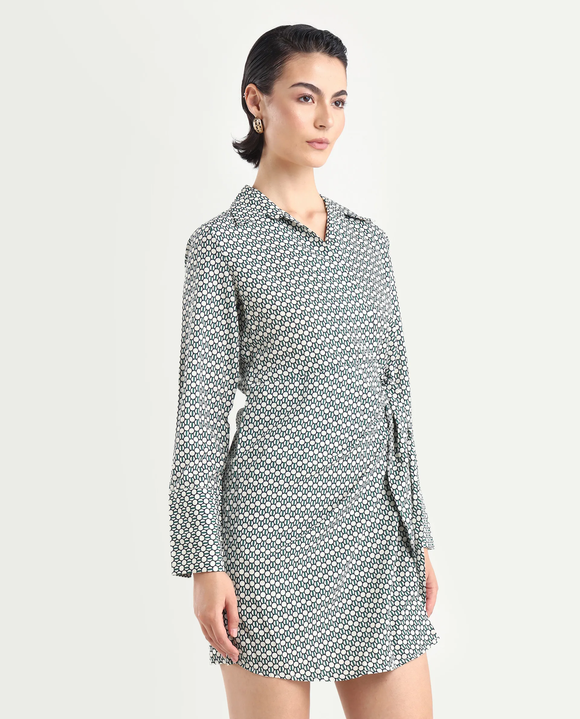 Rareism Women's Mackay Green Polyester Drop Collar Geometric Print Mini Regular Fit Dress - Image 6