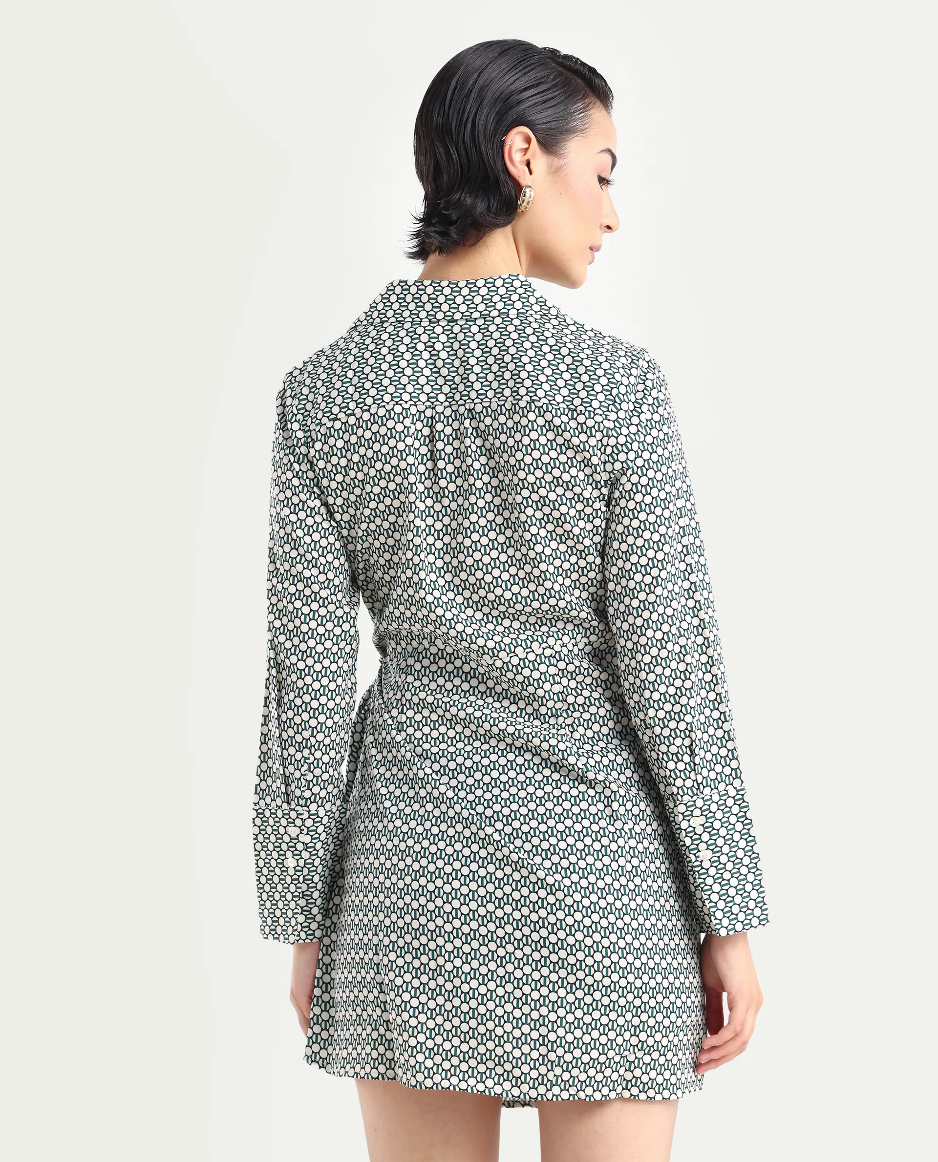 Rareism Women's Mackay Green Polyester Drop Collar Geometric Print Mini Regular Fit Dress - Image 7