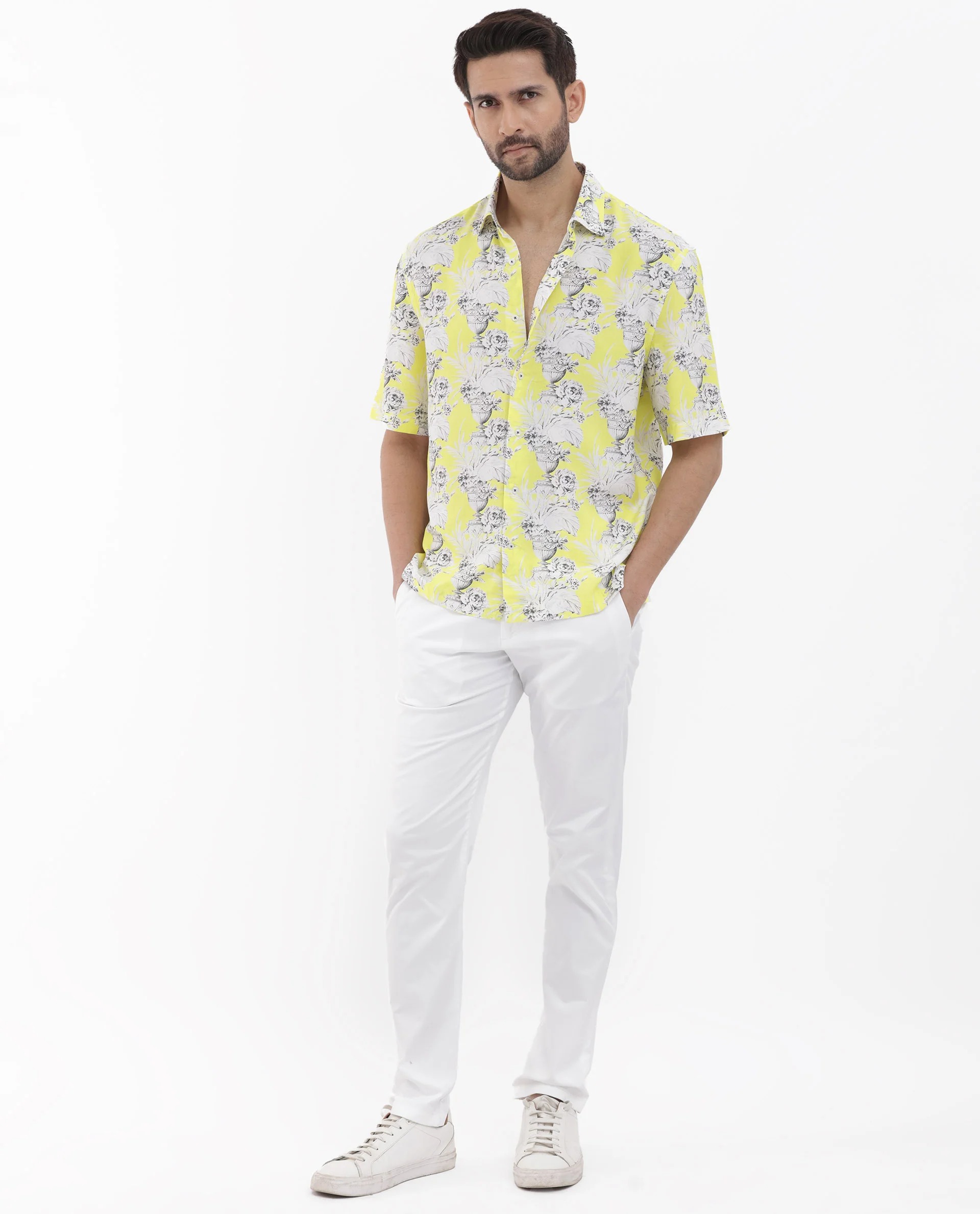 Rare Rabbit Men's Mackle Yellow Viscose Decorative Print Boxy Fit Half Sleeve Collared Shirt - Image 2