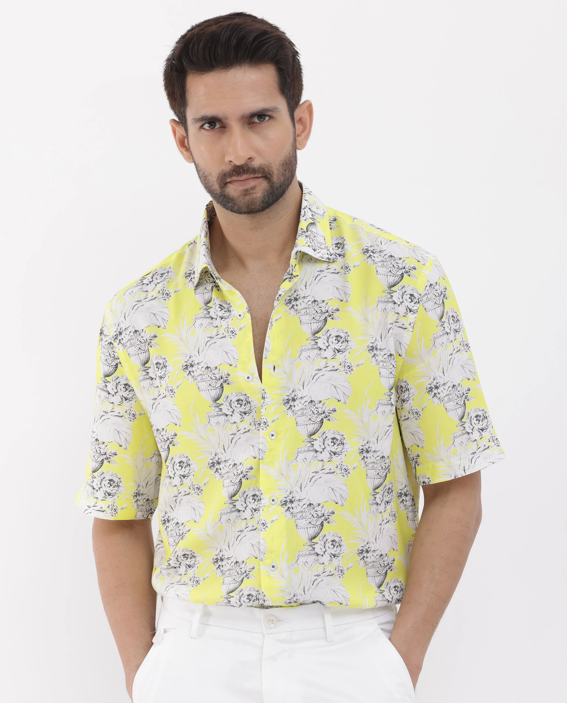 Rare Rabbit Men's Mackle Yellow Viscose Decorative Print Boxy Fit Half Sleeve Collared Shirt - Image 3