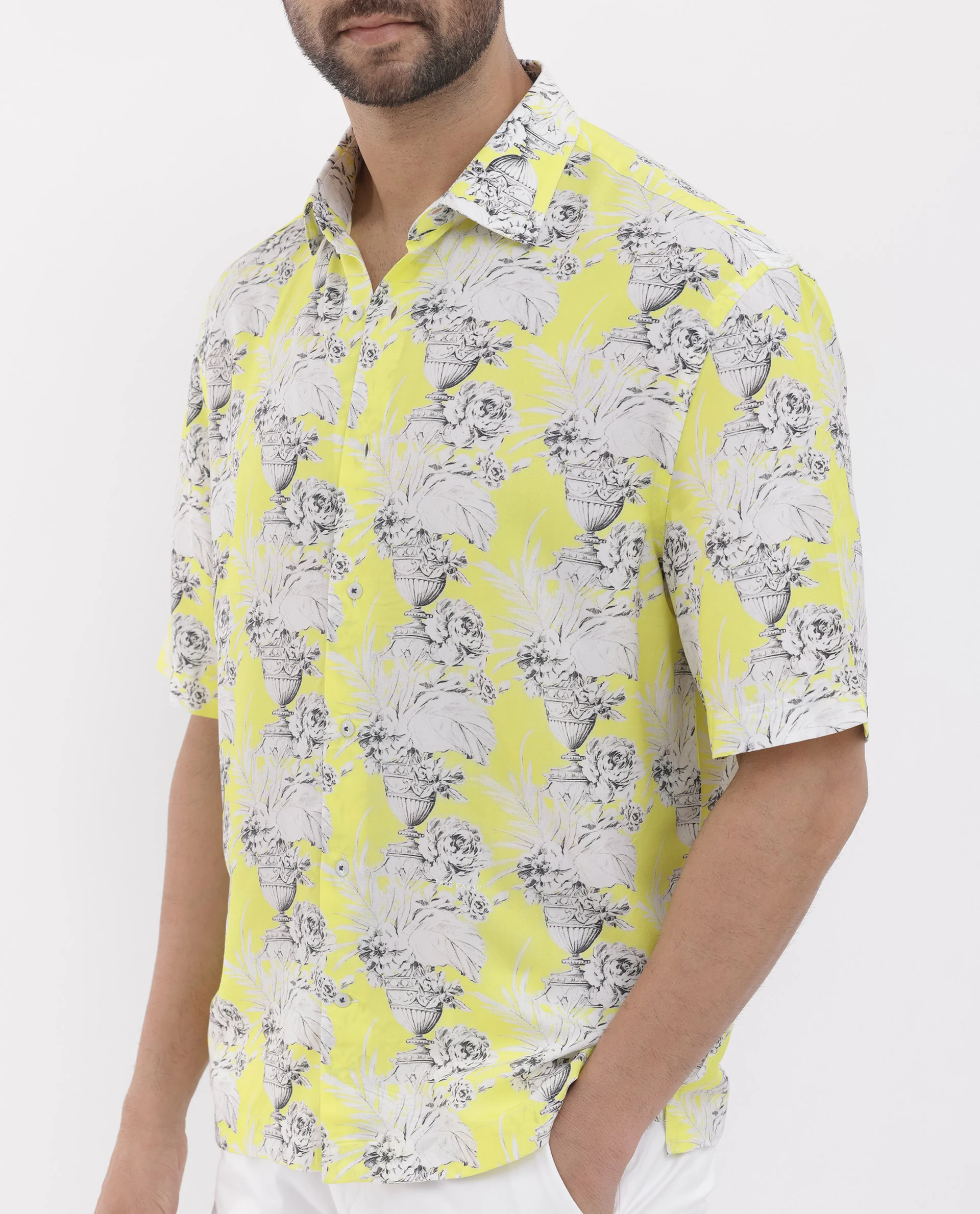 Rare Rabbit Men's Mackle Yellow Viscose Decorative Print Boxy Fit Half Sleeve Collared Shirt - Image 4