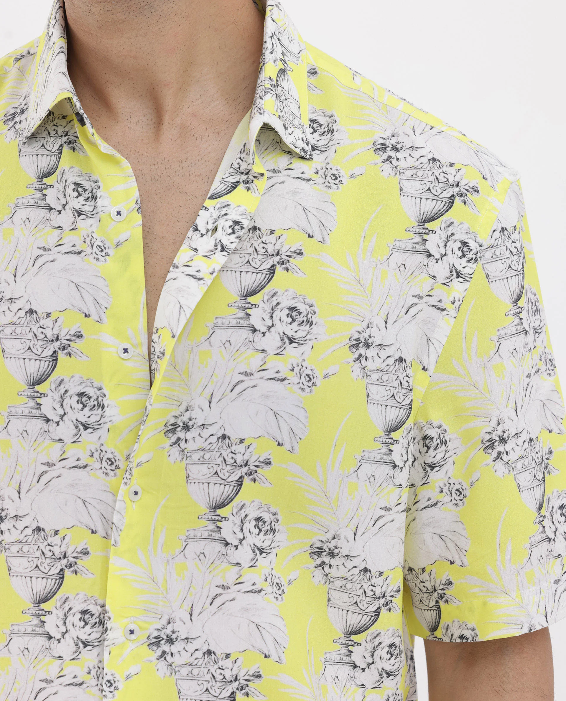 Rare Rabbit Men's Mackle Yellow Viscose Decorative Print Boxy Fit Half Sleeve Collared Shirt - Image 5