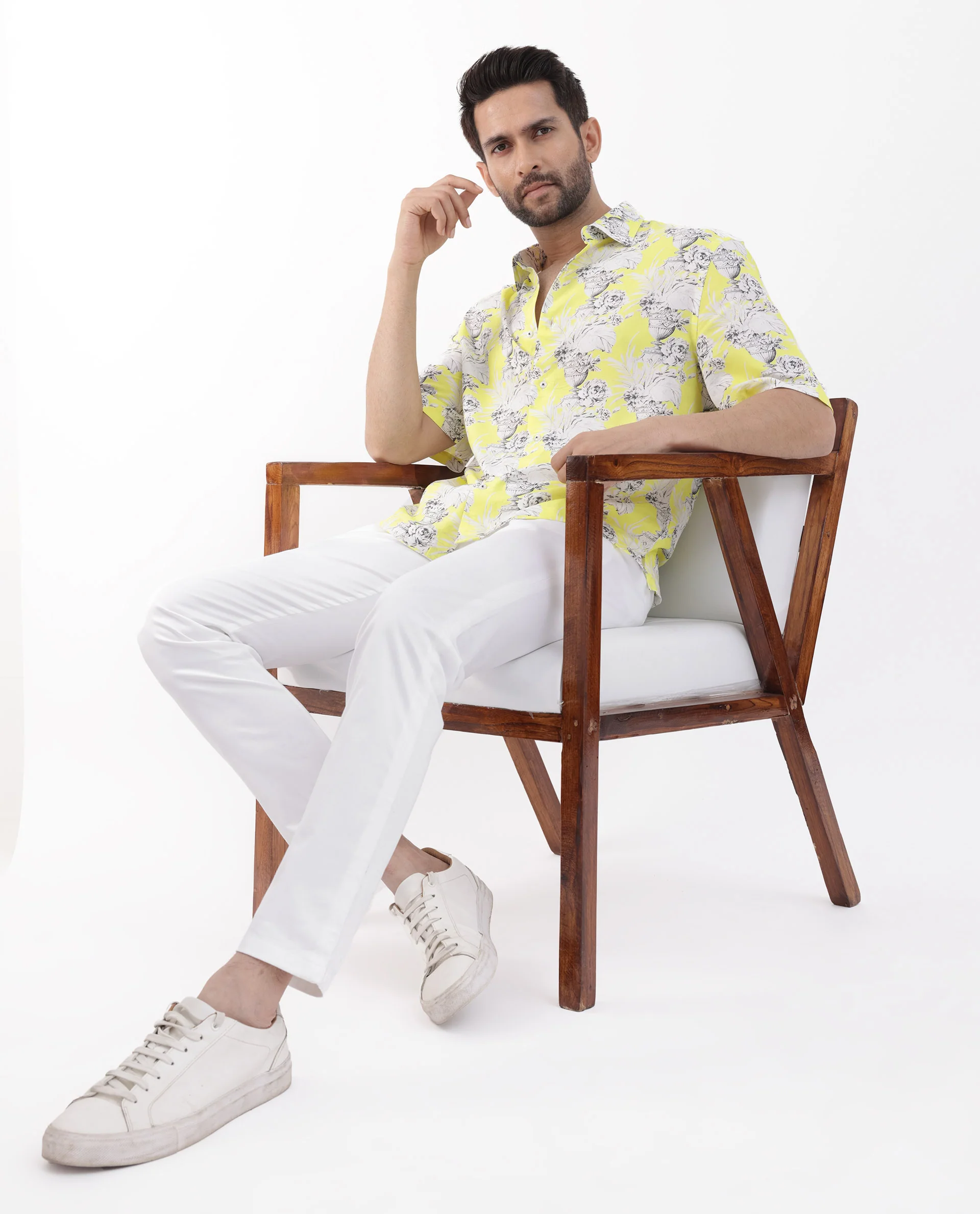 Rare Rabbit Men's Mackle Yellow Viscose Decorative Print Boxy Fit Half Sleeve Collared Shirt - Image 6