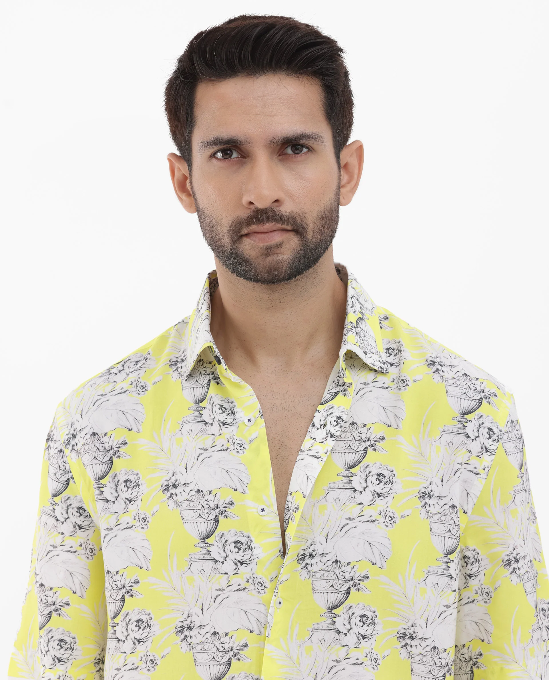 Rare Rabbit Men's Mackle Yellow Viscose Decorative Print Boxy Fit Half Sleeve Collared Shirt - Image 7