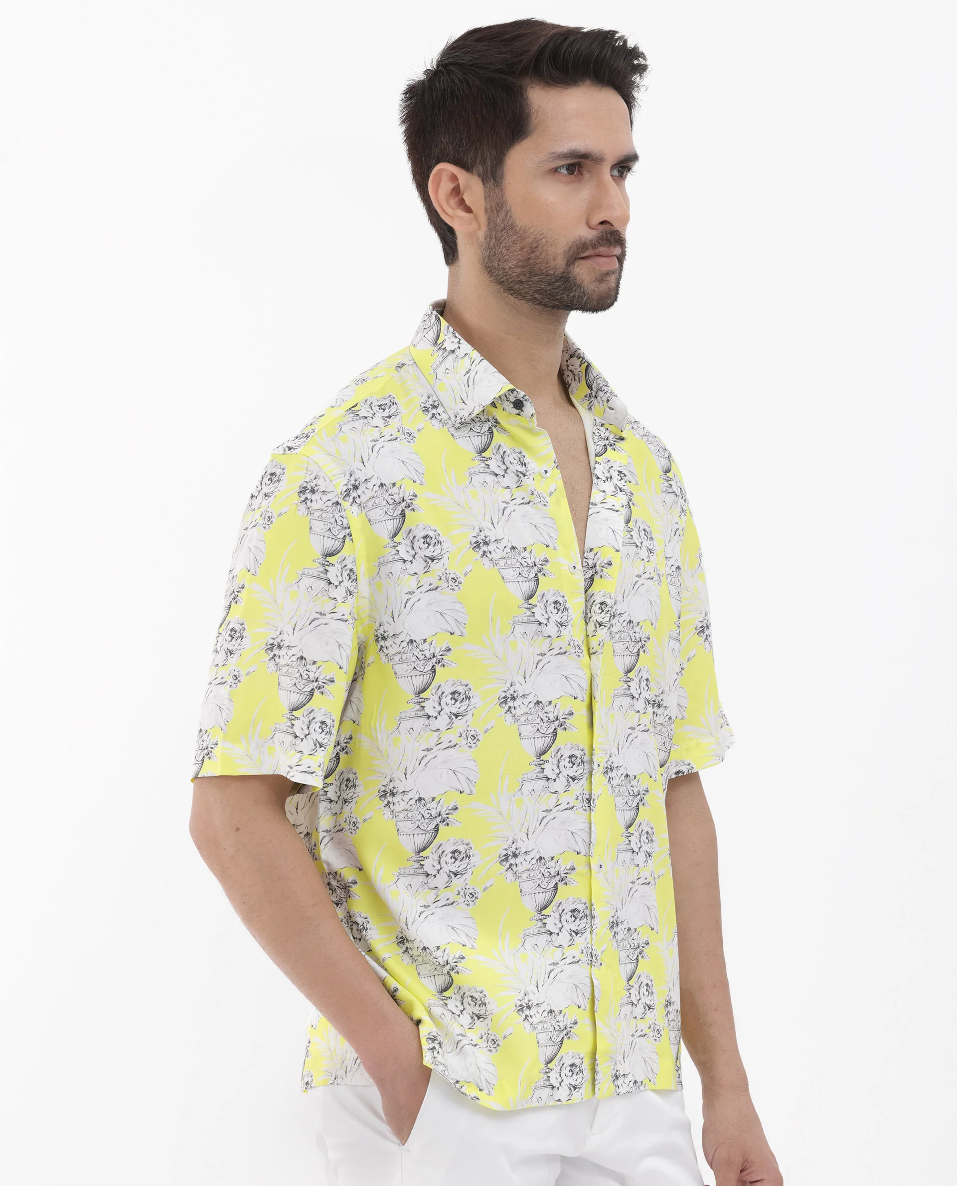 Rare Rabbit Men's Mackle Yellow Viscose Decorative Print Boxy Fit Half Sleeve Collared Shirt - Image 8