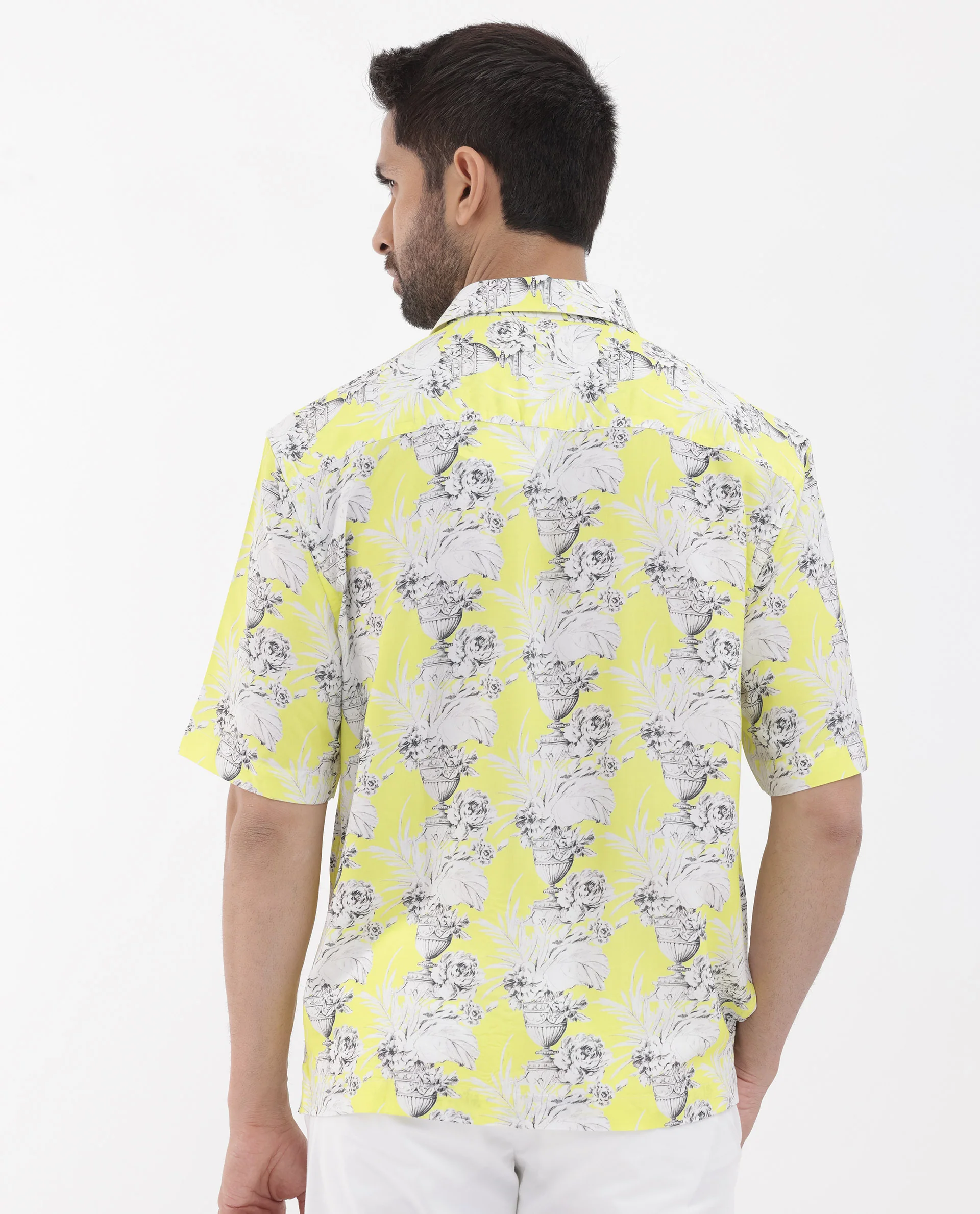 Rare Rabbit Men's Mackle Yellow Viscose Decorative Print Boxy Fit Half Sleeve Collared Shirt - Image 9