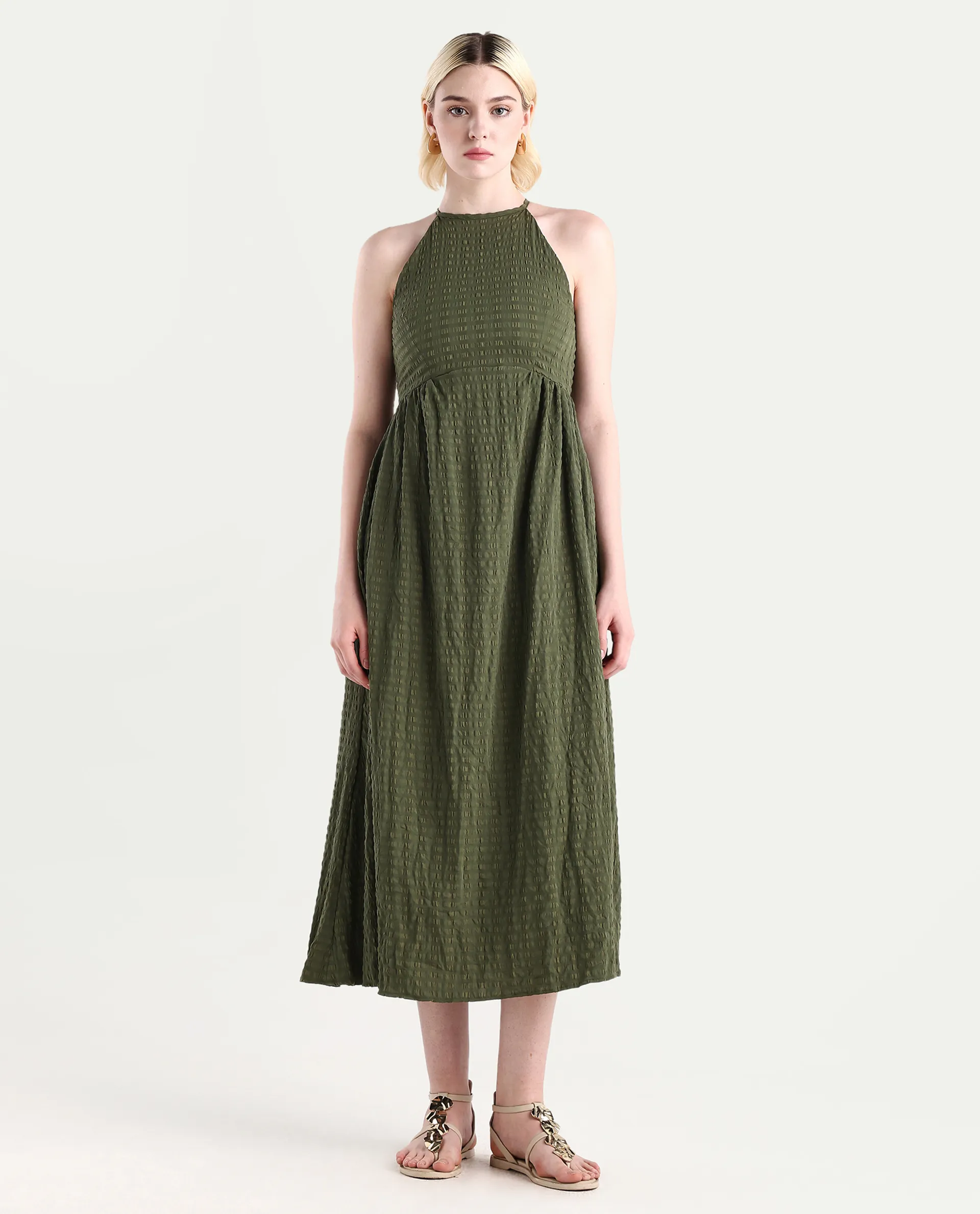 Rareism Women's Macnica Olive Polyester Blend Halter Neck Plain Sleeveless Maxi Fit And Flare Dress - Image 2
