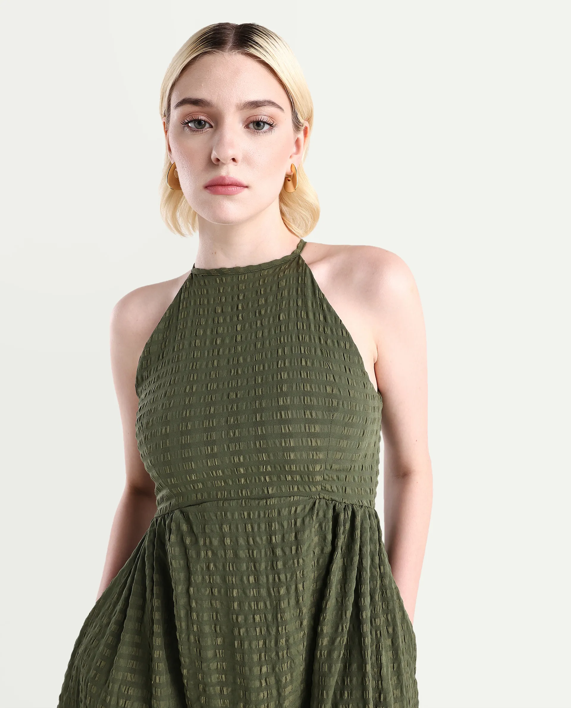 Rareism Women's Macnica Olive Polyester Blend Halter Neck Plain Sleeveless Maxi Fit And Flare Dress - Image 3