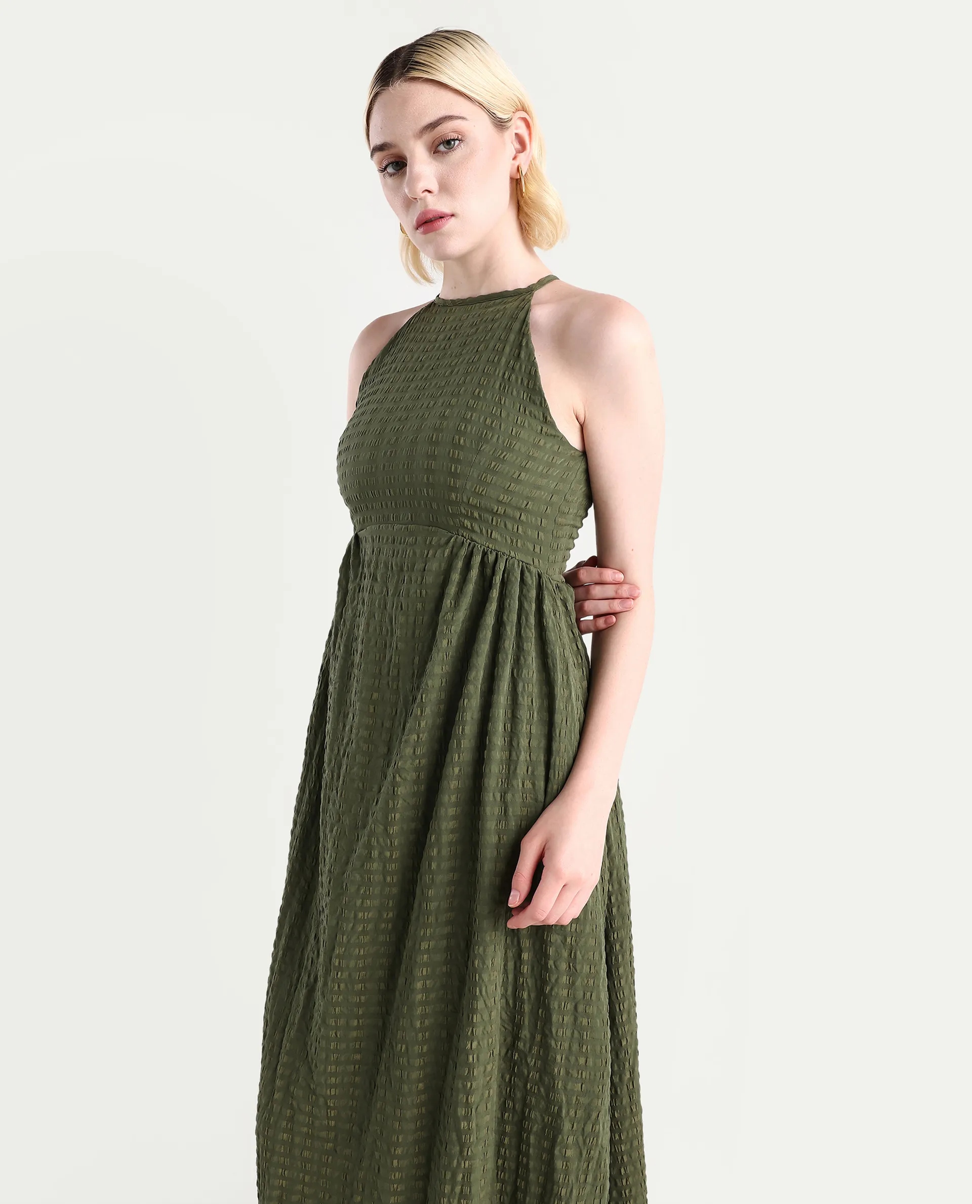 Rareism Women's Macnica Olive Polyester Blend Halter Neck Plain Sleeveless Maxi Fit And Flare Dress - Image 4