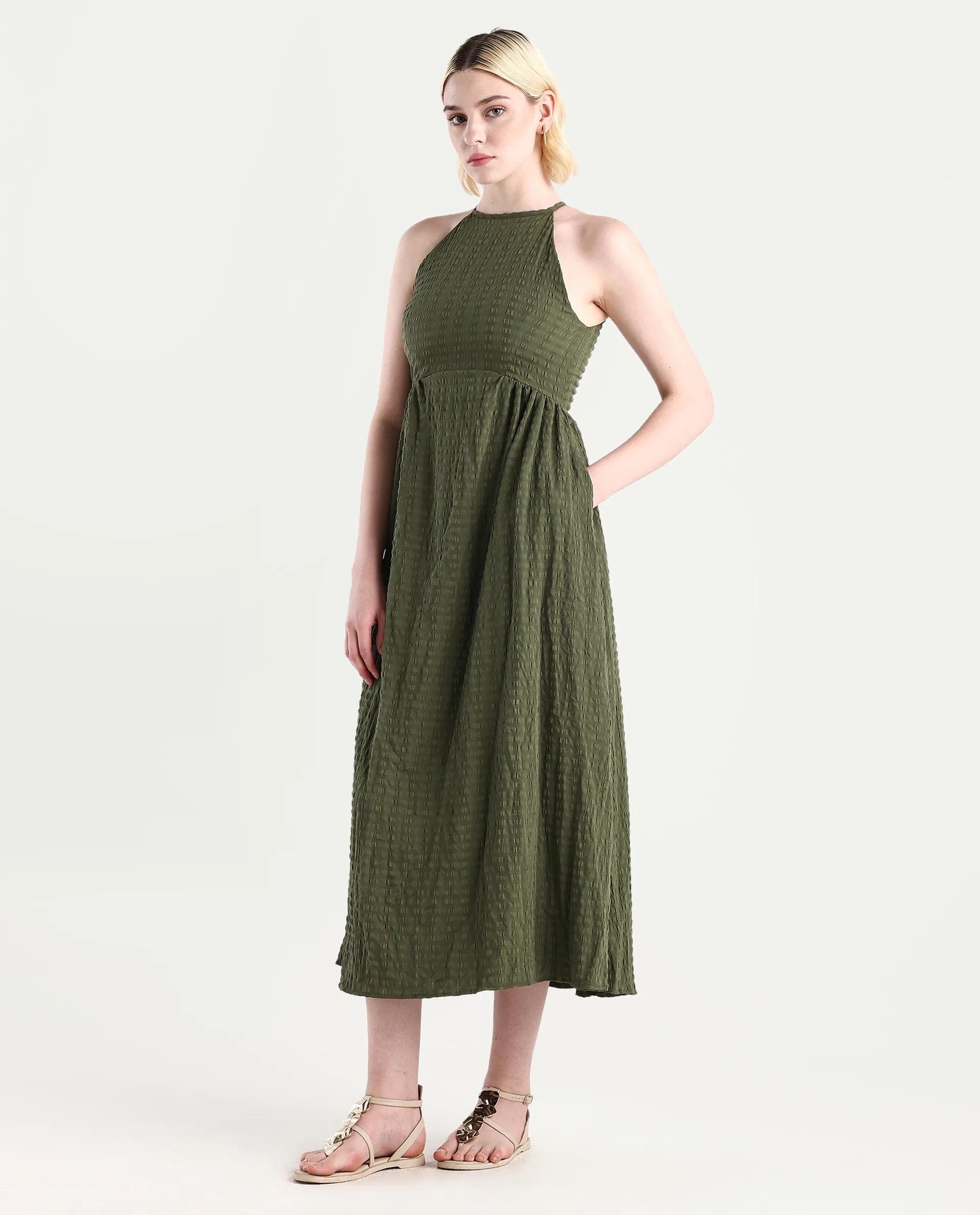 Rareism Women's Macnica Olive Polyester Blend Halter Neck Plain Sleeveless Maxi Fit And Flare Dress - Image 5