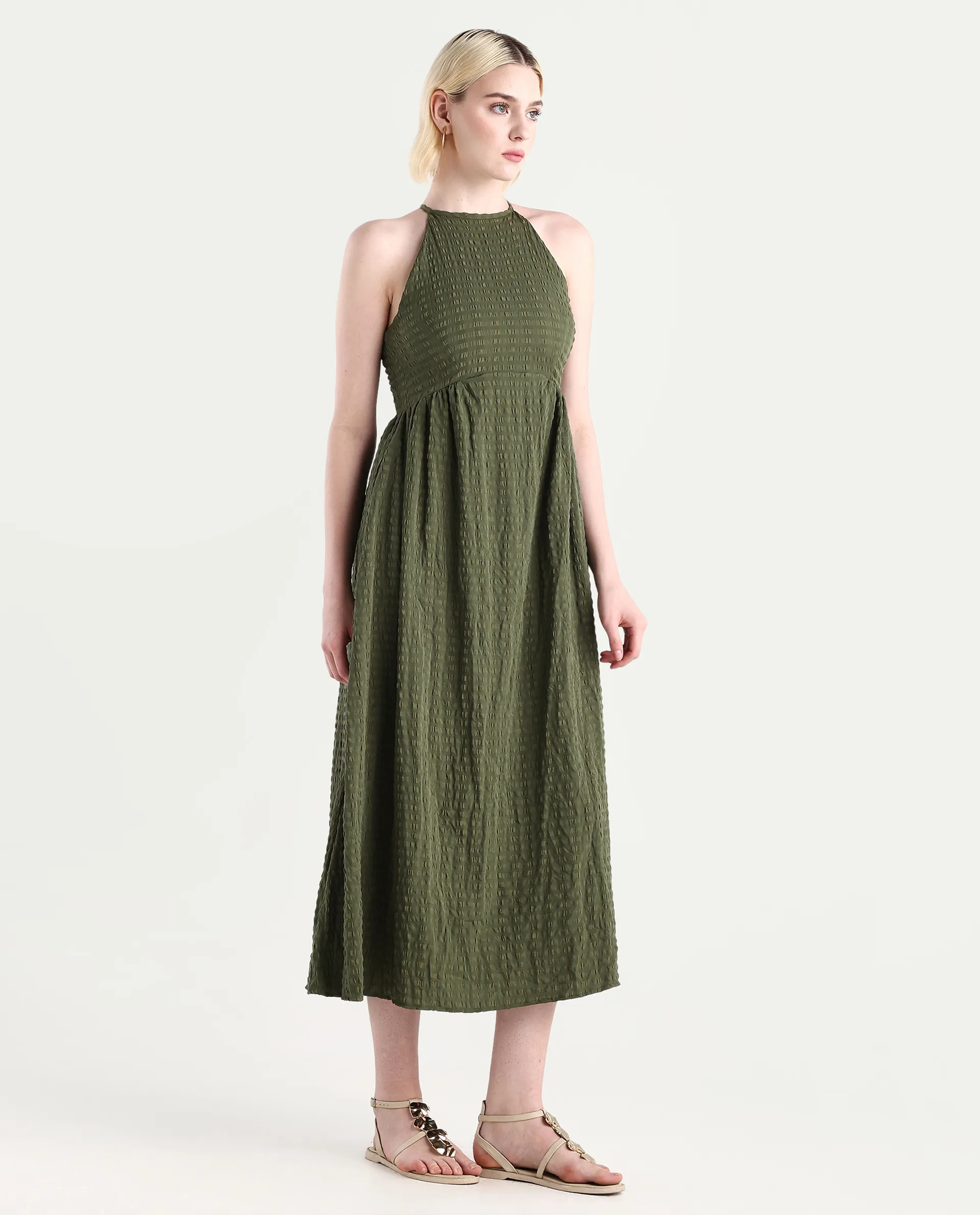 Rareism Women's Macnica Olive Polyester Blend Halter Neck Plain Sleeveless Maxi Fit And Flare Dress - Image 6
