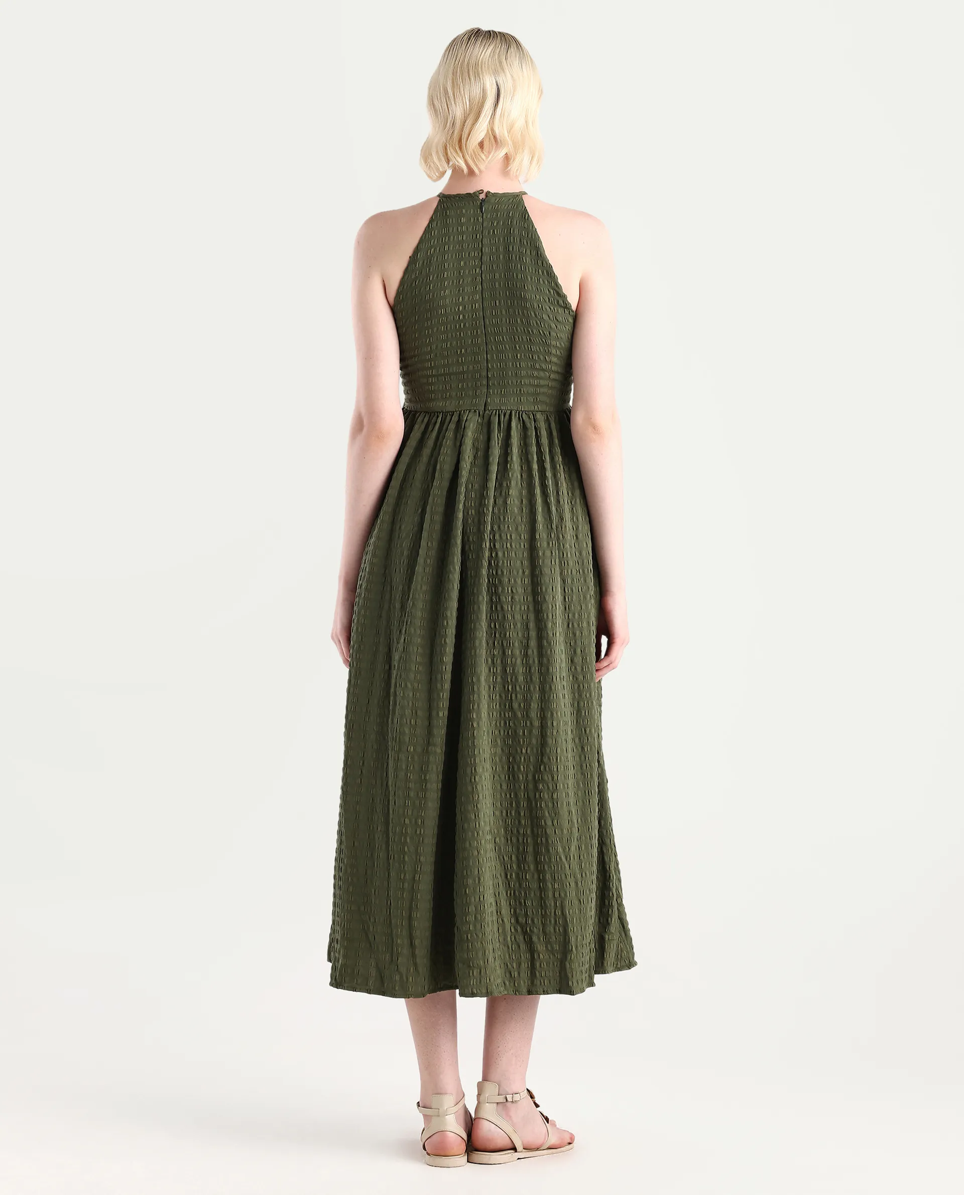 Rareism Women's Macnica Olive Polyester Blend Halter Neck Plain Sleeveless Maxi Fit And Flare Dress - Image 7