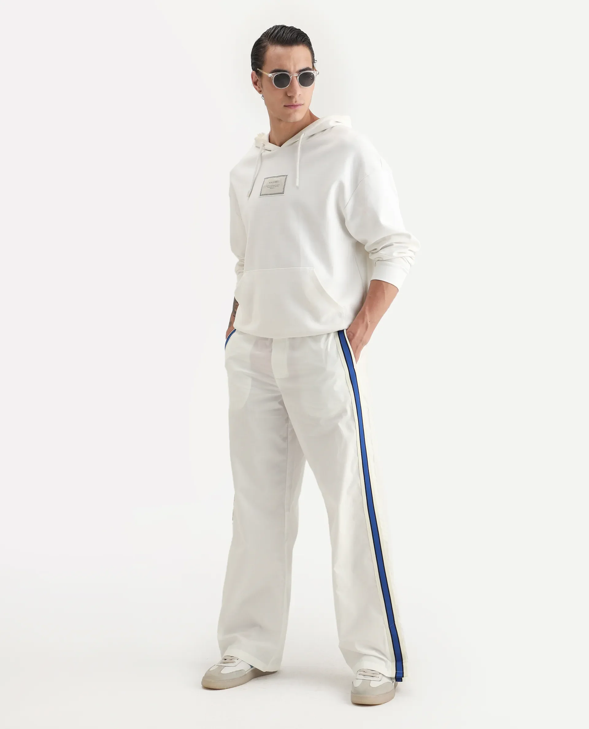 Rare Rabbit Men's Macon White Cotton Plain Baggy Fit Track Pant