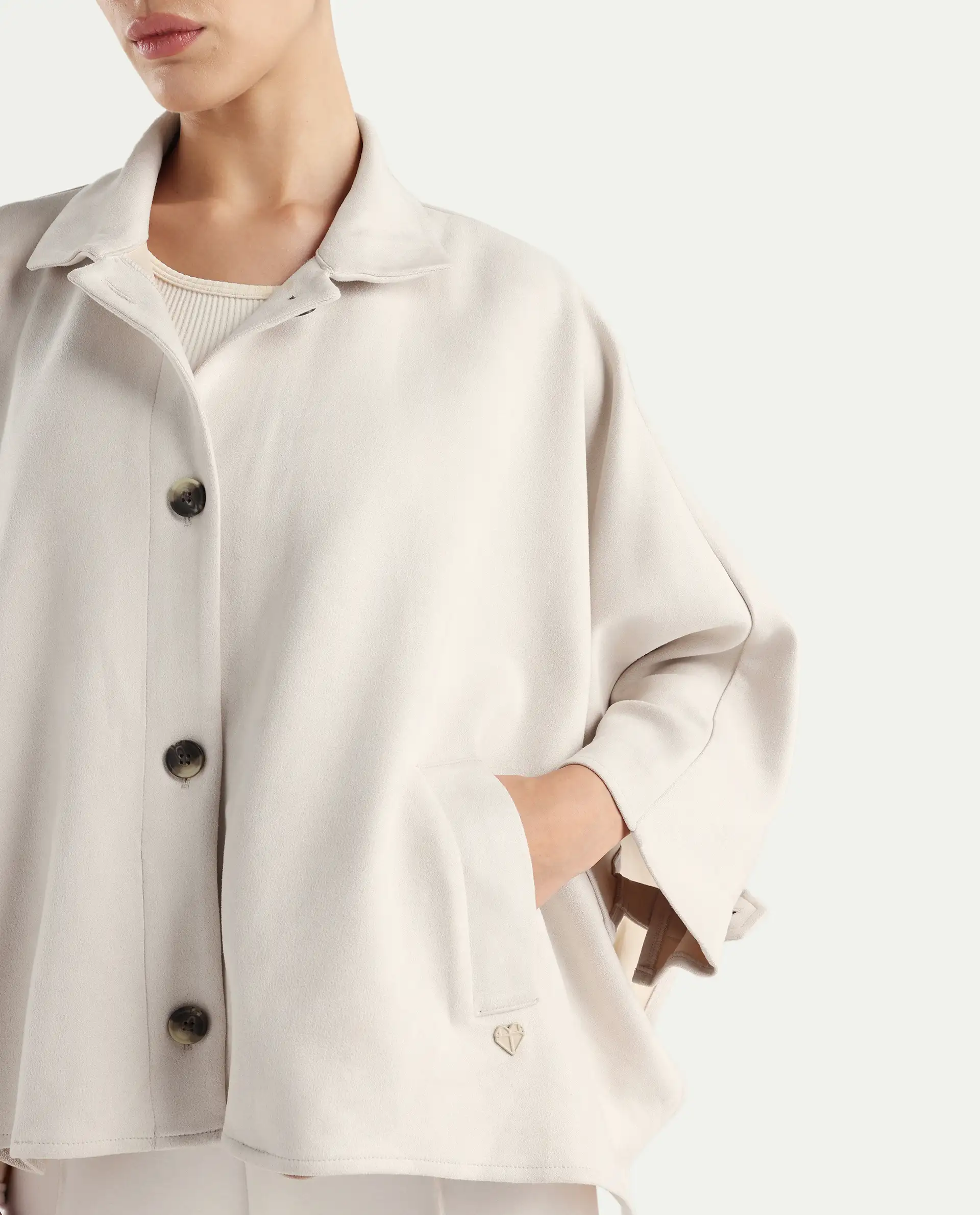 Rareism Women's Macqua Light Beige Suede Spread Collar Plain Boxy Fit Jacket - Image 4