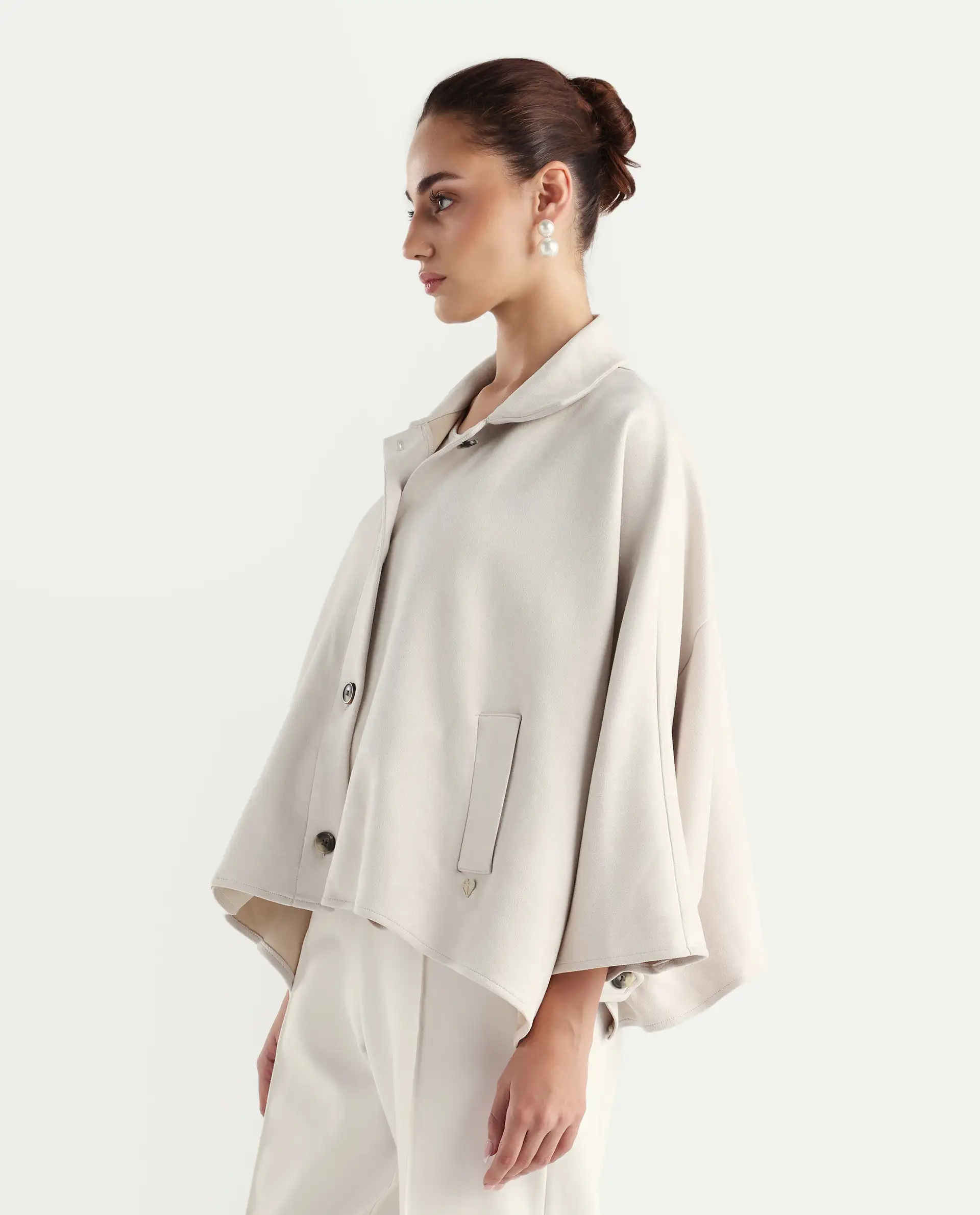 Rareism Women's Macqua Light Beige Suede Spread Collar Plain Boxy Fit Jacket - Image 5