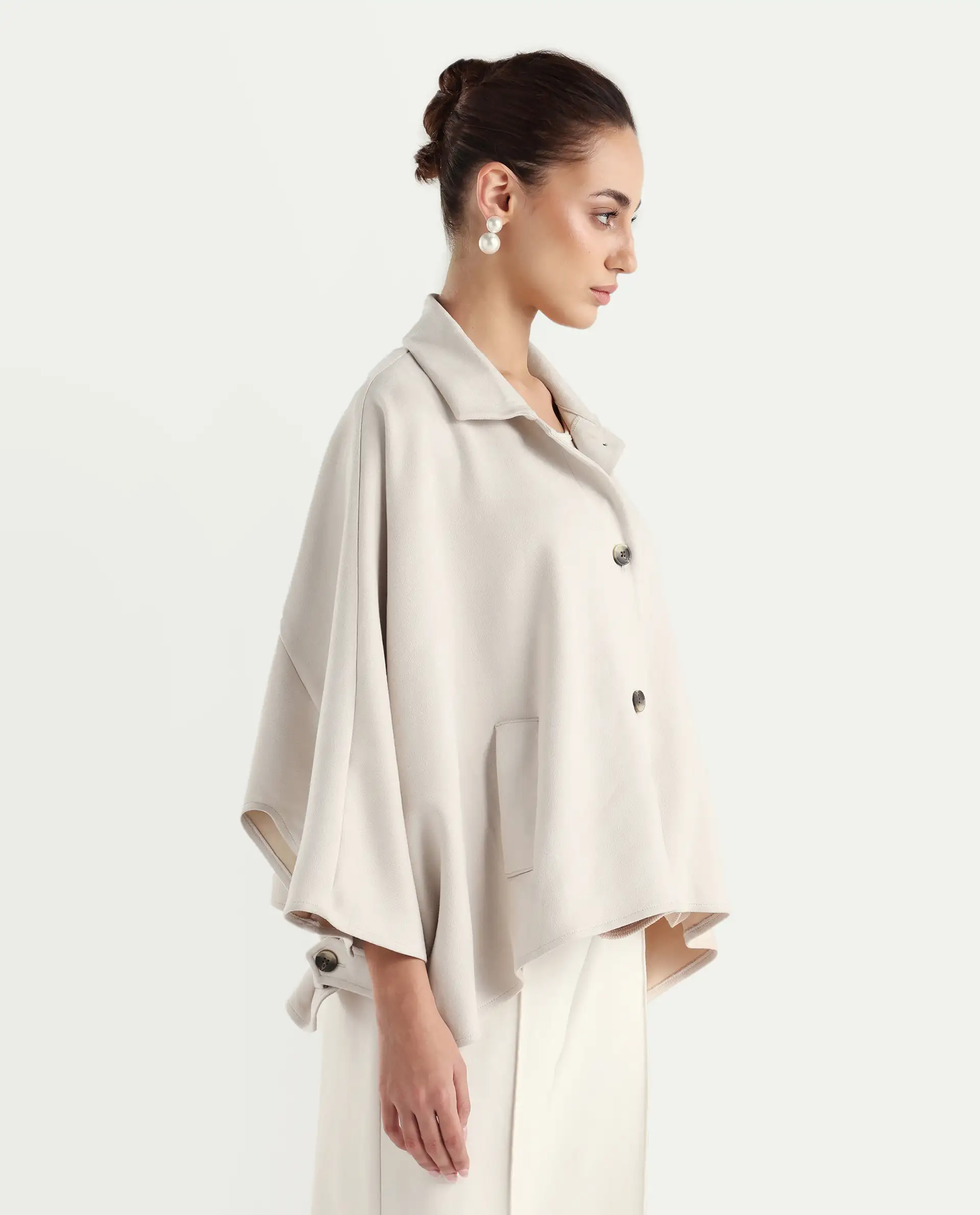 Rareism Women's Macqua Light Beige Suede Spread Collar Plain Boxy Fit Jacket - Image 6