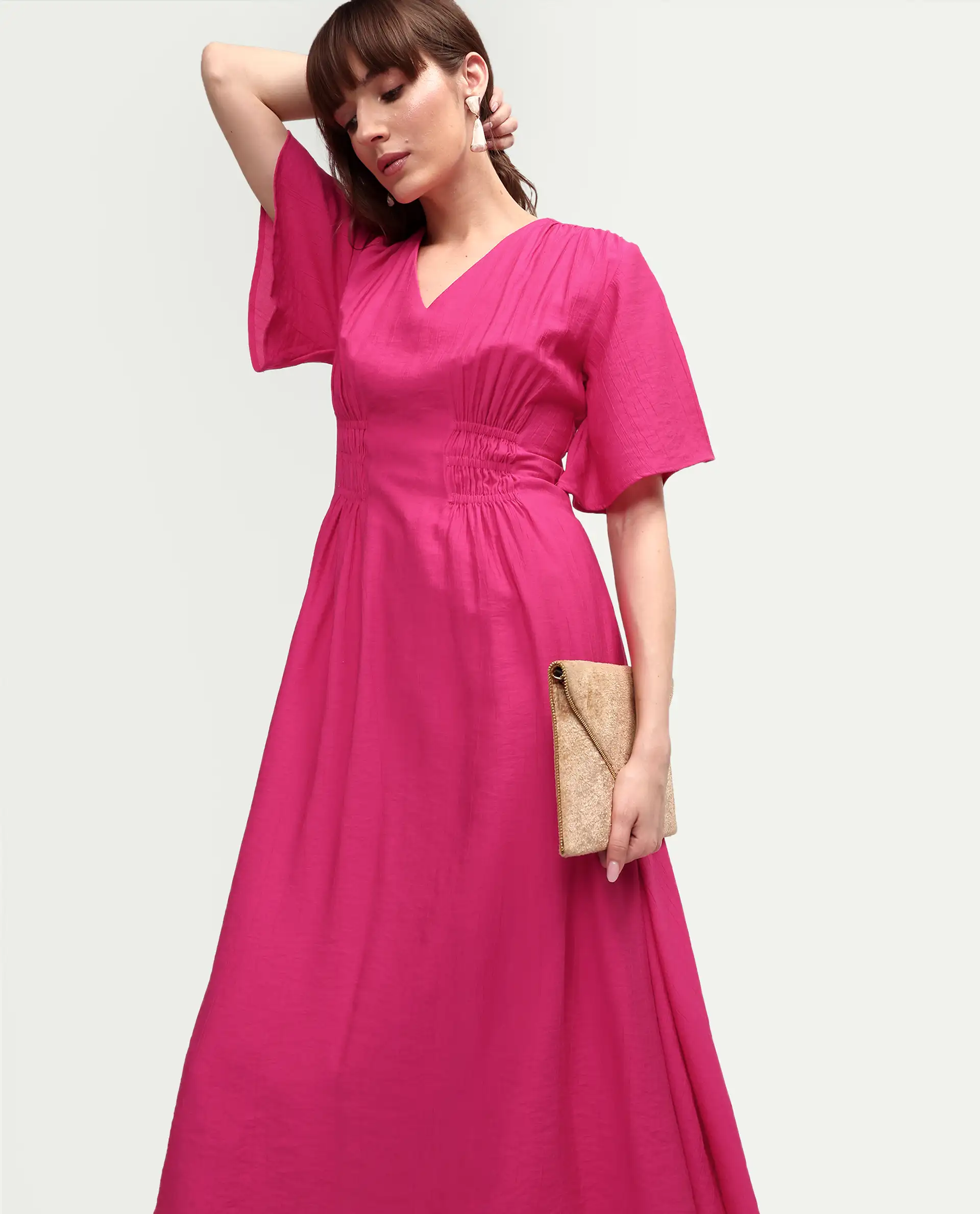 Rareism Women's Macro Pink Viscose Half Sleeve V-Neck Flared Dress - Image 2