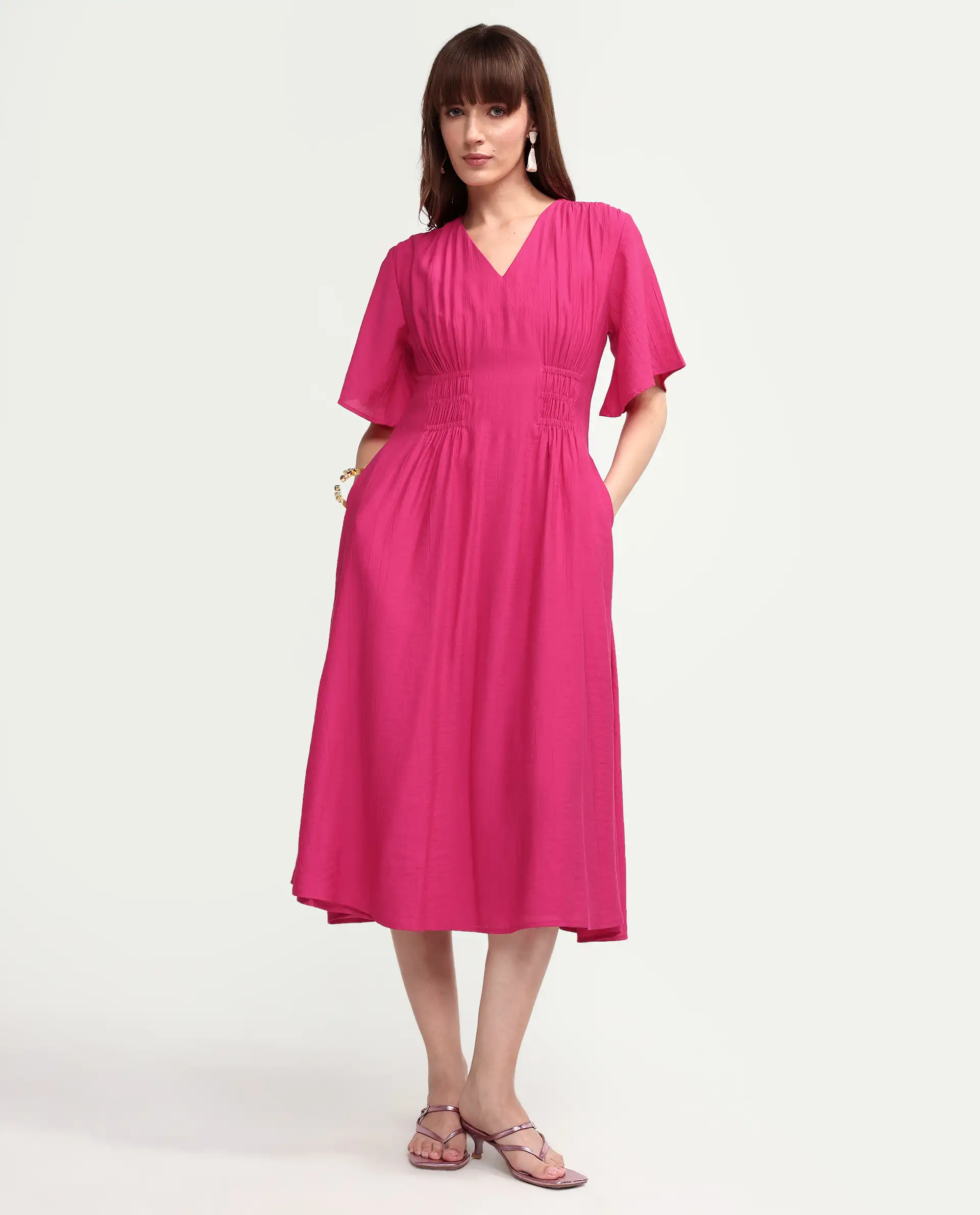 Rareism Women's Macro Pink Viscose Half Sleeve V-Neck Flared Dress - Image 3
