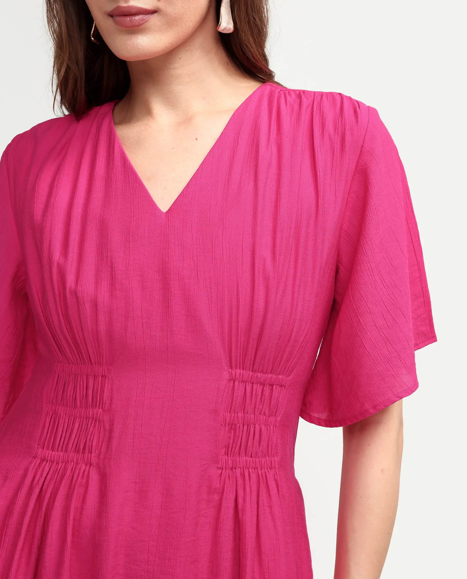 Rareism Women's Macro Pink Viscose Half Sleeve V-Neck Flared Dress - Image 4