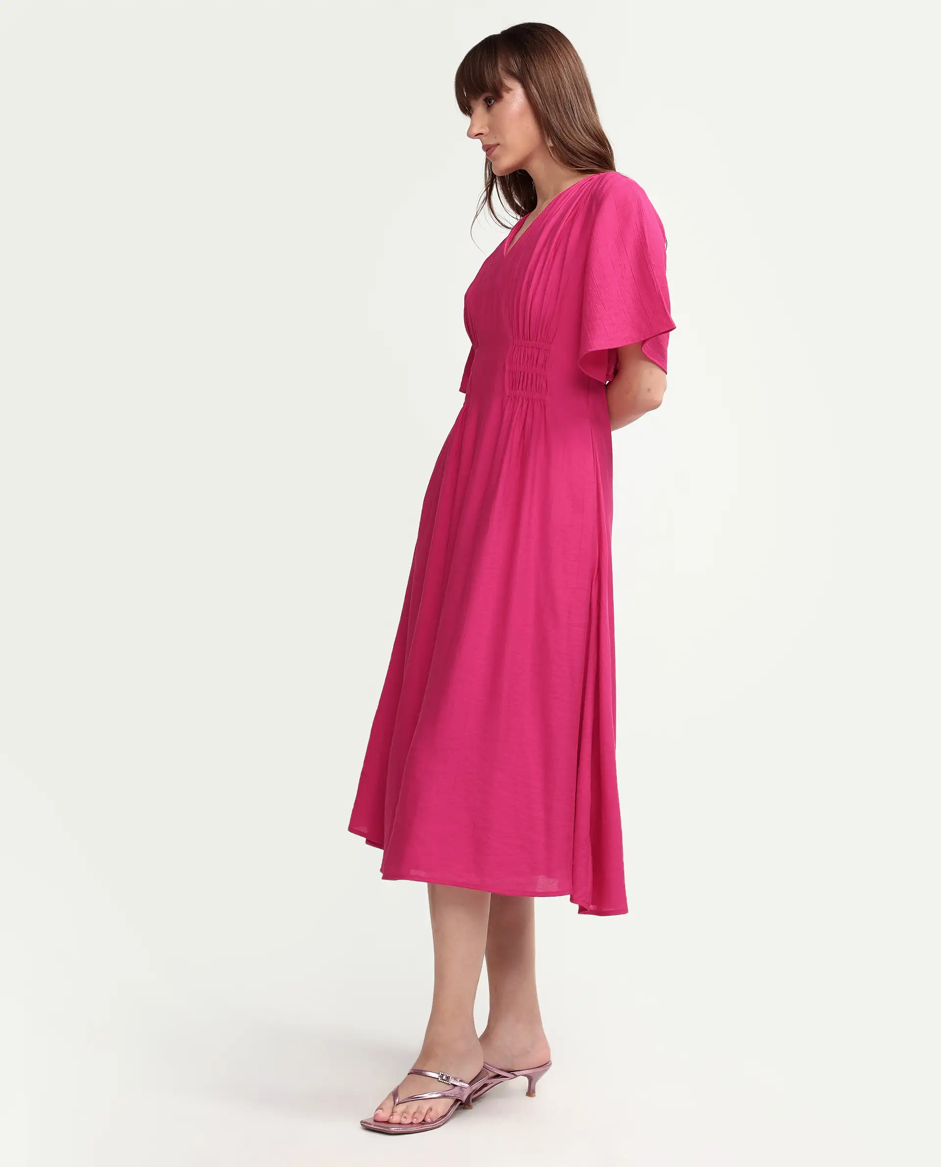 Rareism Women's Macro Pink Viscose Half Sleeve V-Neck Flared Dress - Image 5