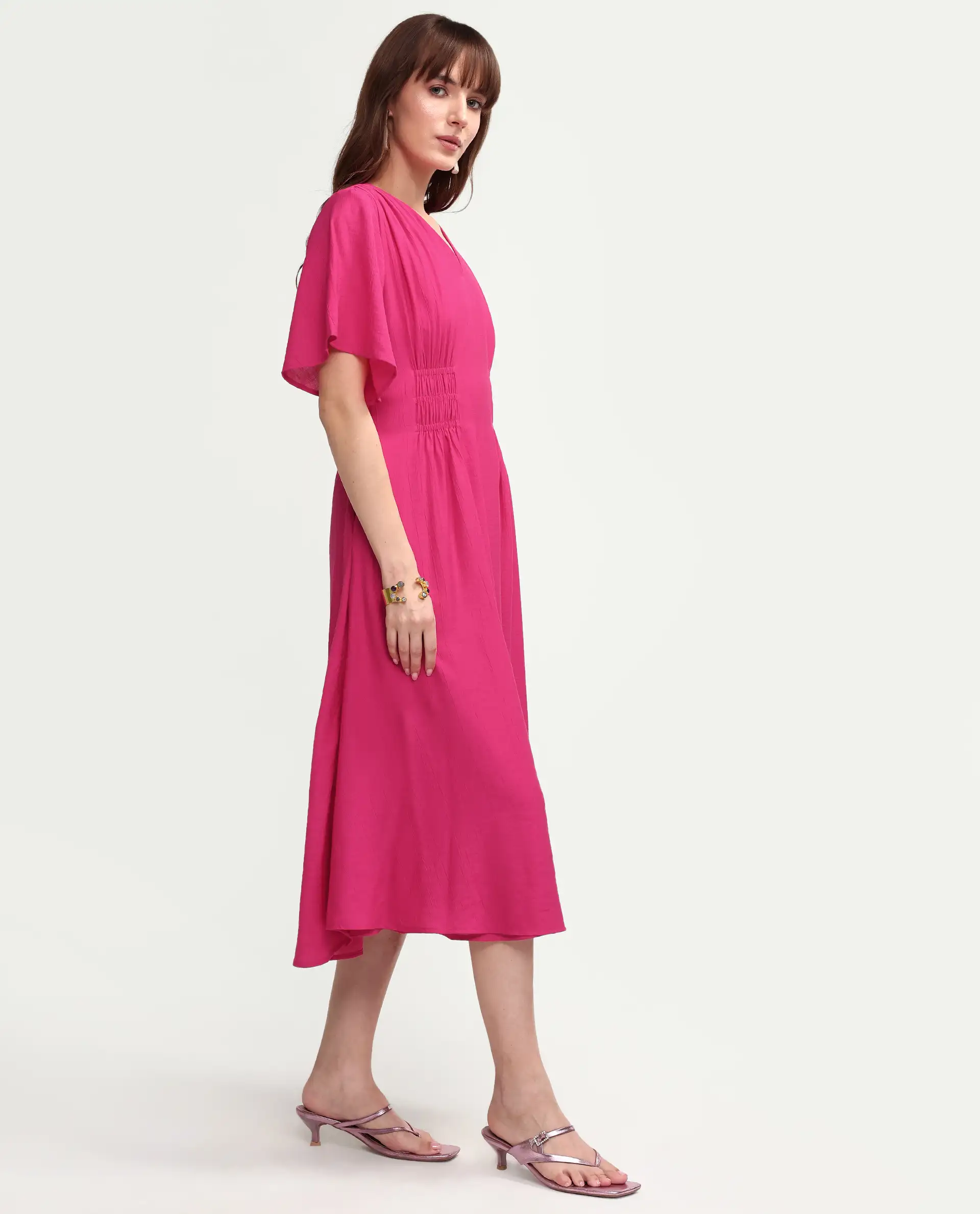 Rareism Women's Macro Pink Viscose Half Sleeve V-Neck Flared Dress - Image 6