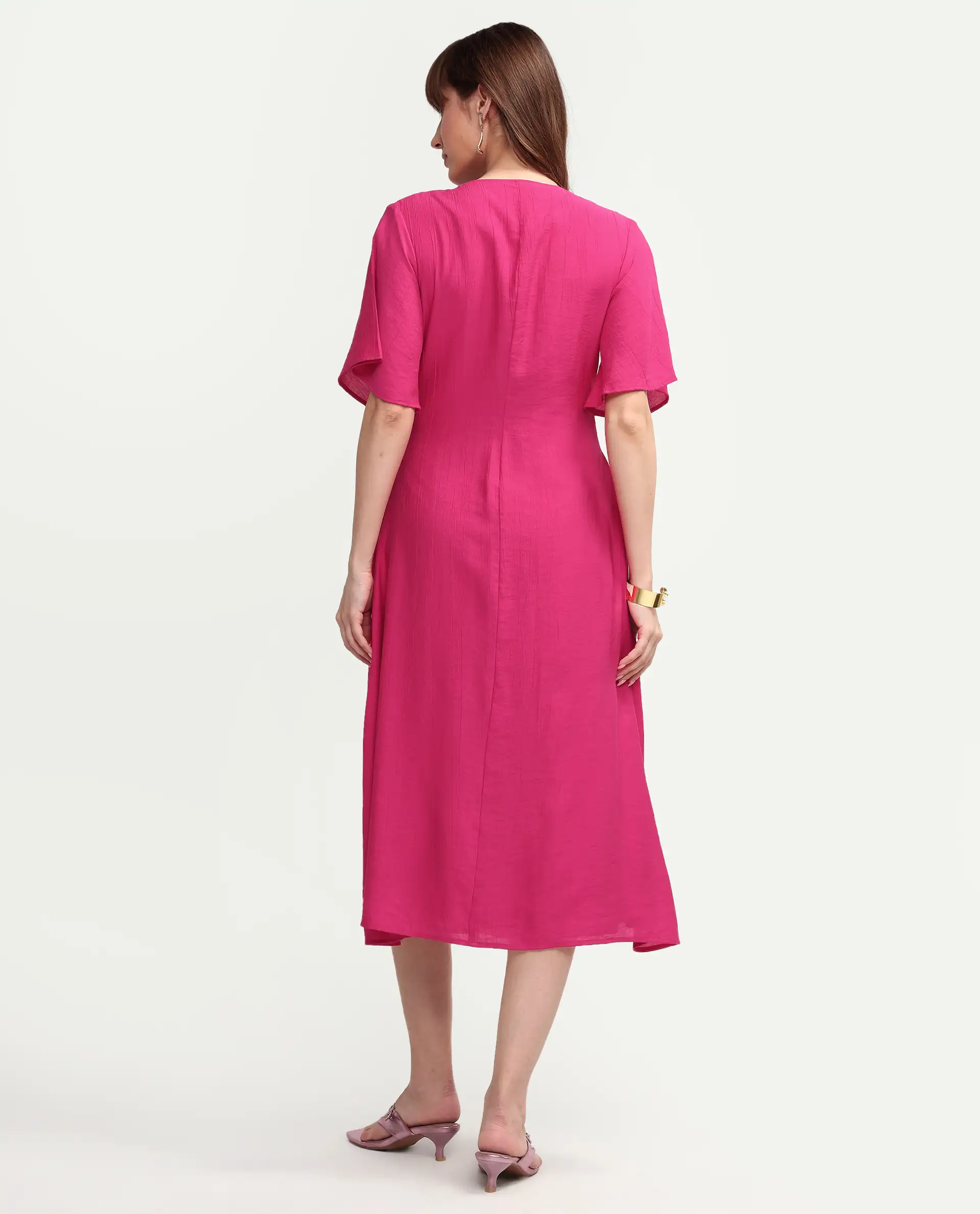 Rareism Women's Macro Pink Viscose Half Sleeve V-Neck Flared Dress - Image 7