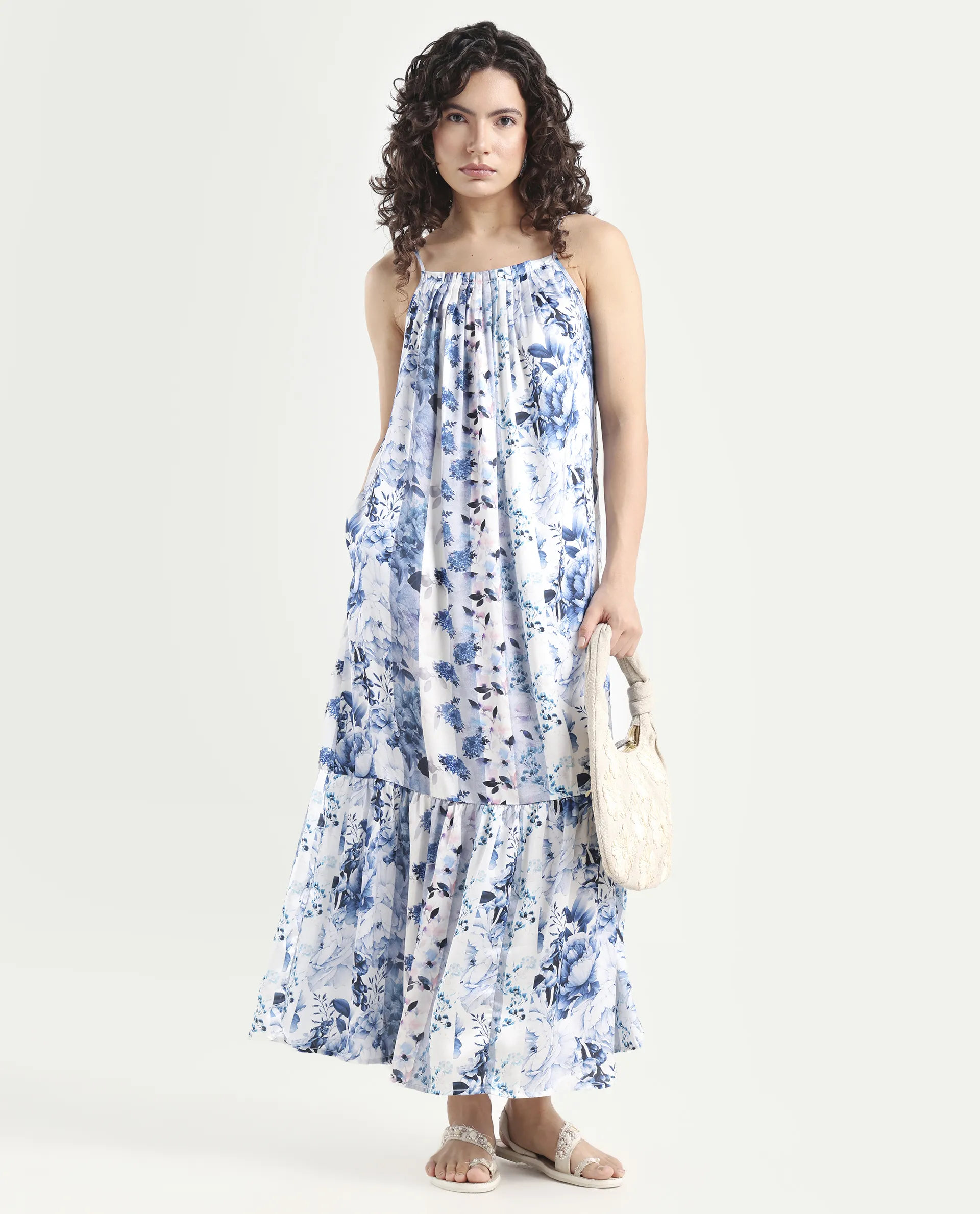Rareism Women's Macy Blue Polyester Shoulder Strap Floral Print Shoulder Strap Maxi Regular Fit Dress - Image 2