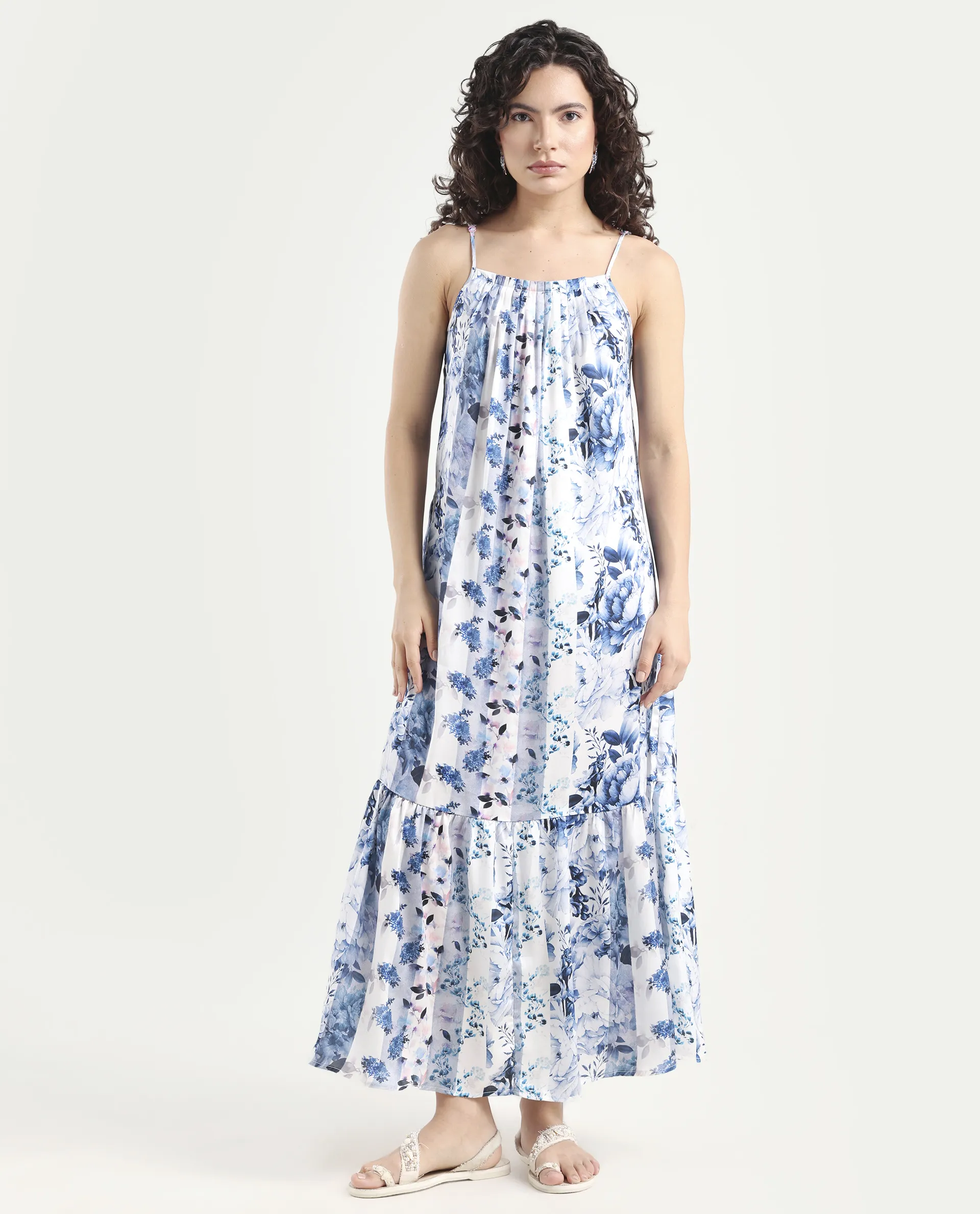 Rareism Women's Macy Blue Polyester Shoulder Strap Floral Print Shoulder Strap Maxi Regular Fit Dress - Image 3