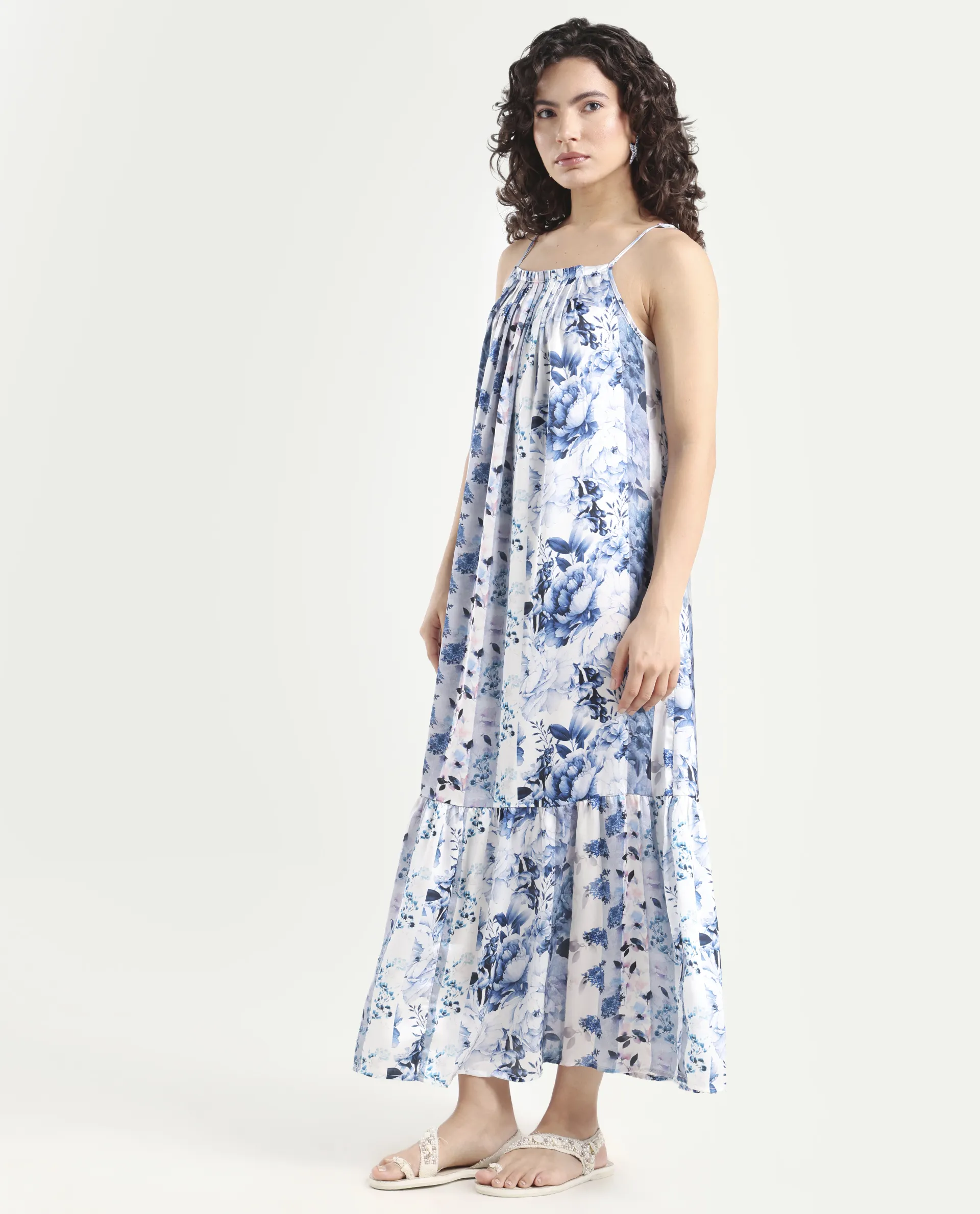 Rareism Women's Macy Blue Polyester Shoulder Strap Floral Print Shoulder Strap Maxi Regular Fit Dress - Image 5