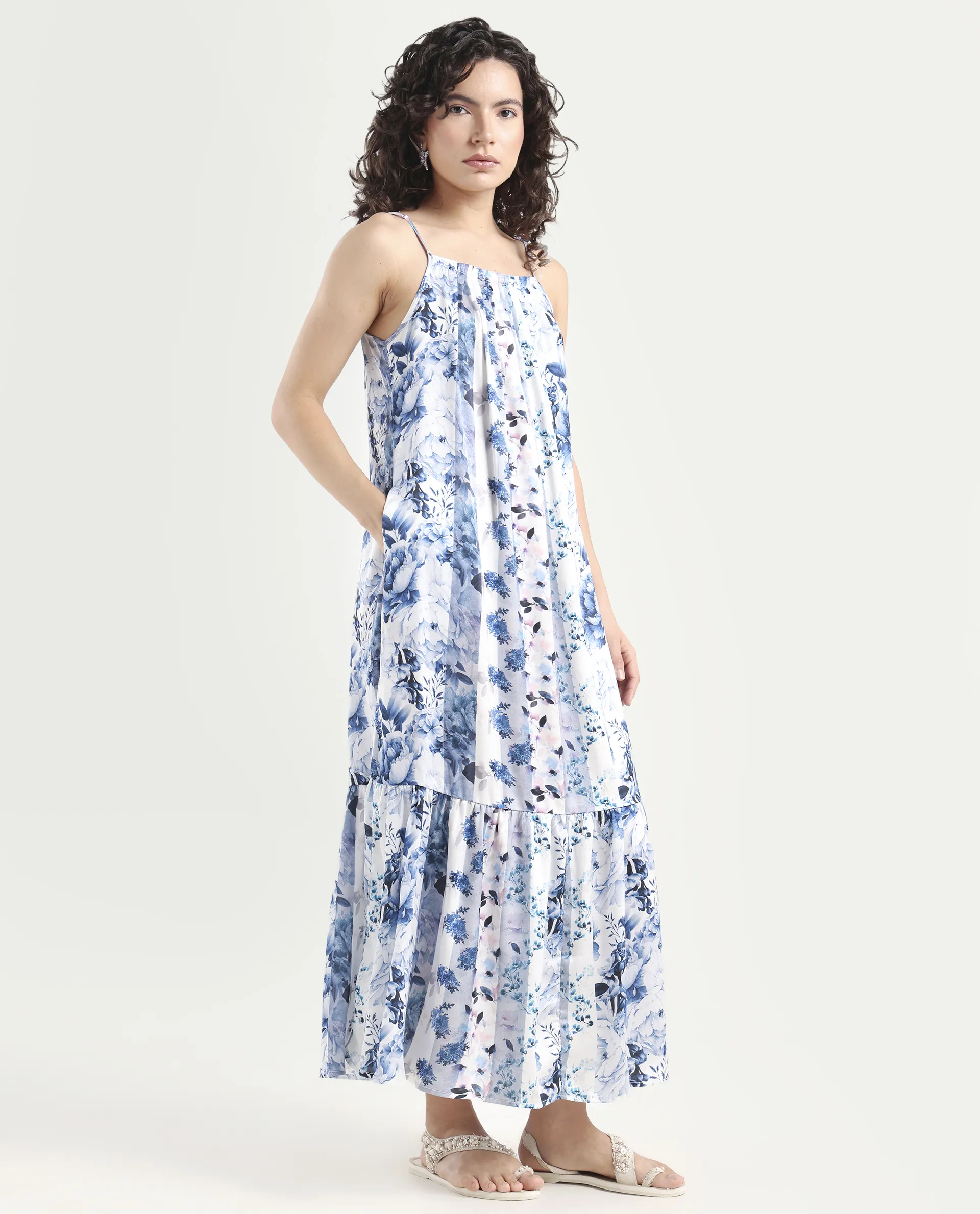 Rareism Women's Macy Blue Polyester Shoulder Strap Floral Print Shoulder Strap Maxi Regular Fit Dress - Image 6