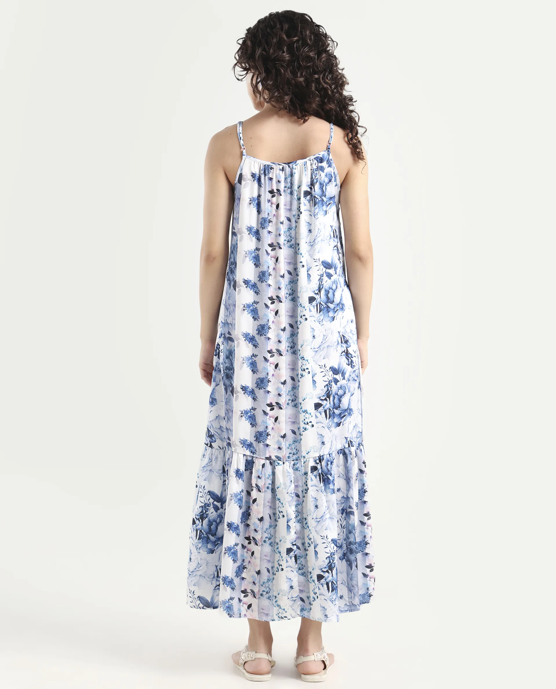 Rareism Women's Macy Blue Polyester Shoulder Strap Floral Print Shoulder Strap Maxi Regular Fit Dress - Image 7