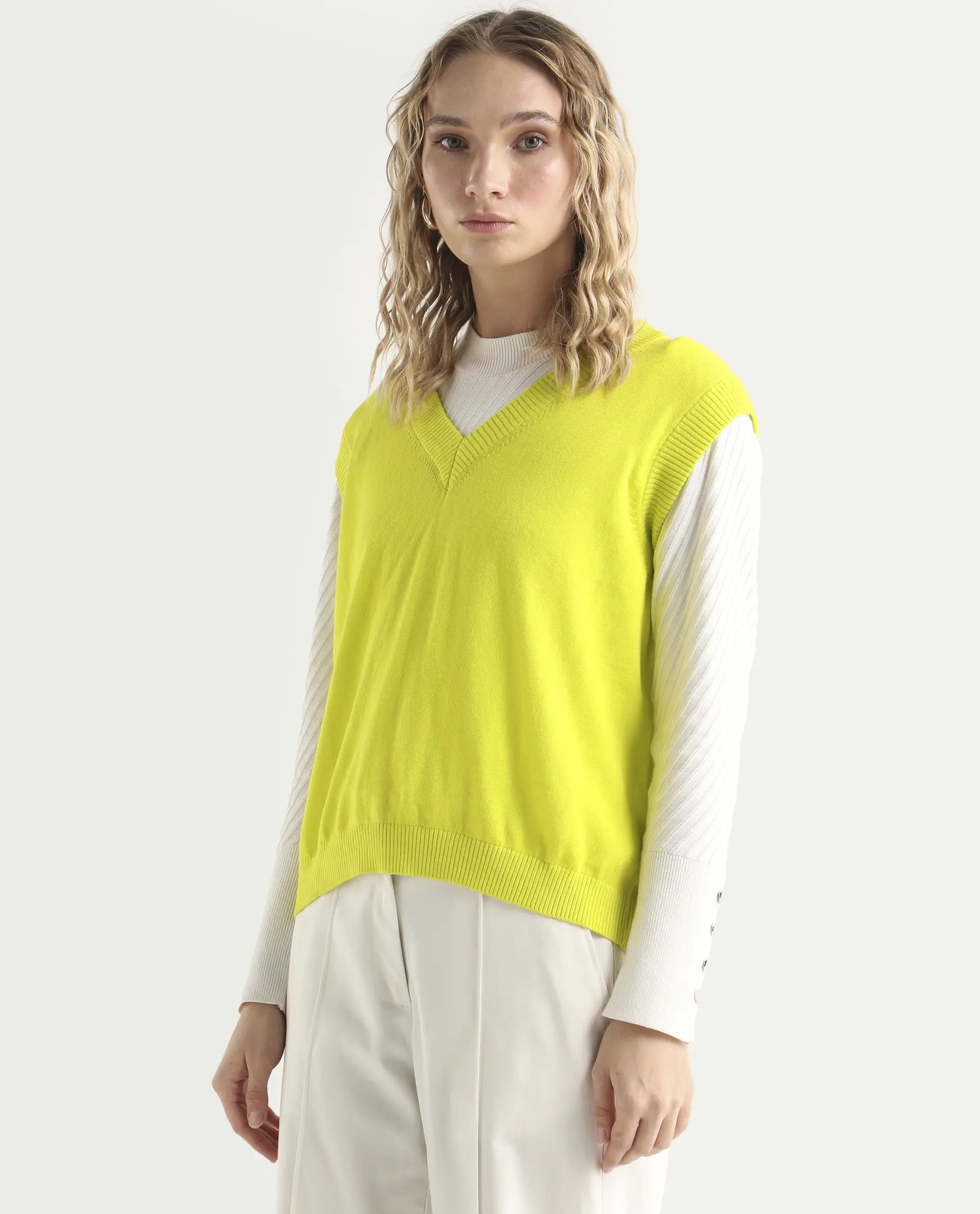 Rareism Women's Madelyn Green Cotton V-Neck Plain Sleeveless Regular Fit Sweater - Image 5