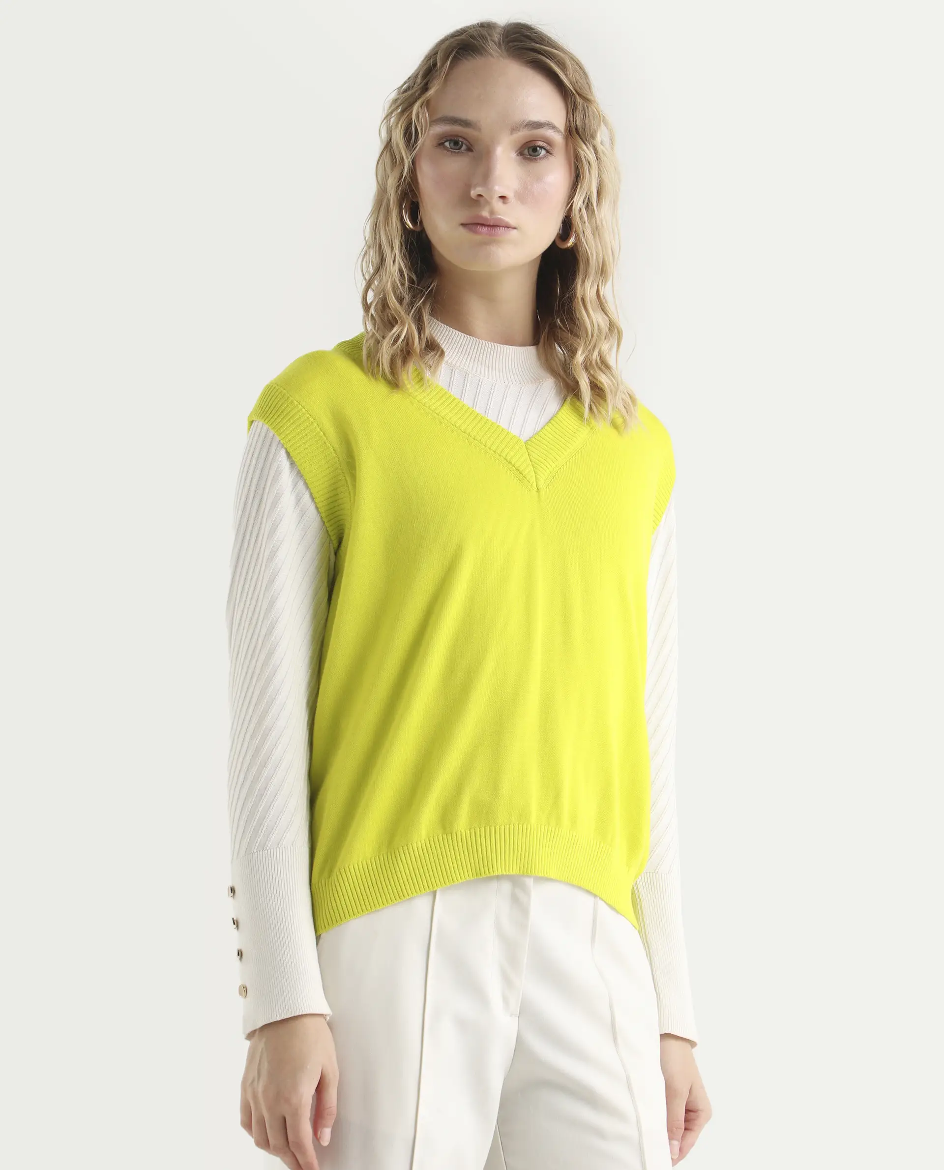 Rareism Women's Madelyn Green Cotton V-Neck Plain Sleeveless Regular Fit Sweater - Image 6
