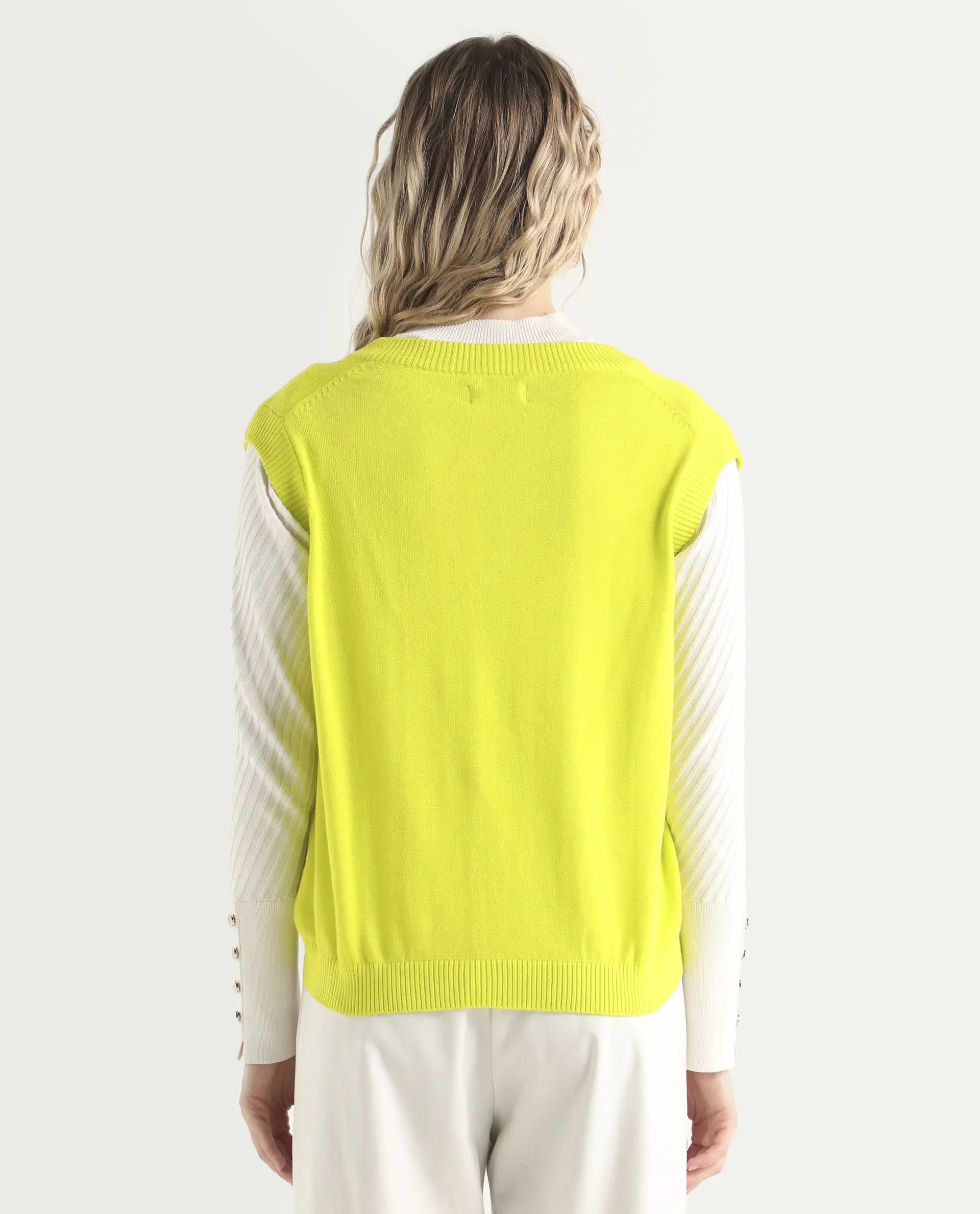 Rareism Women's Madelyn Green Cotton V-Neck Plain Sleeveless Regular Fit Sweater - Image 7