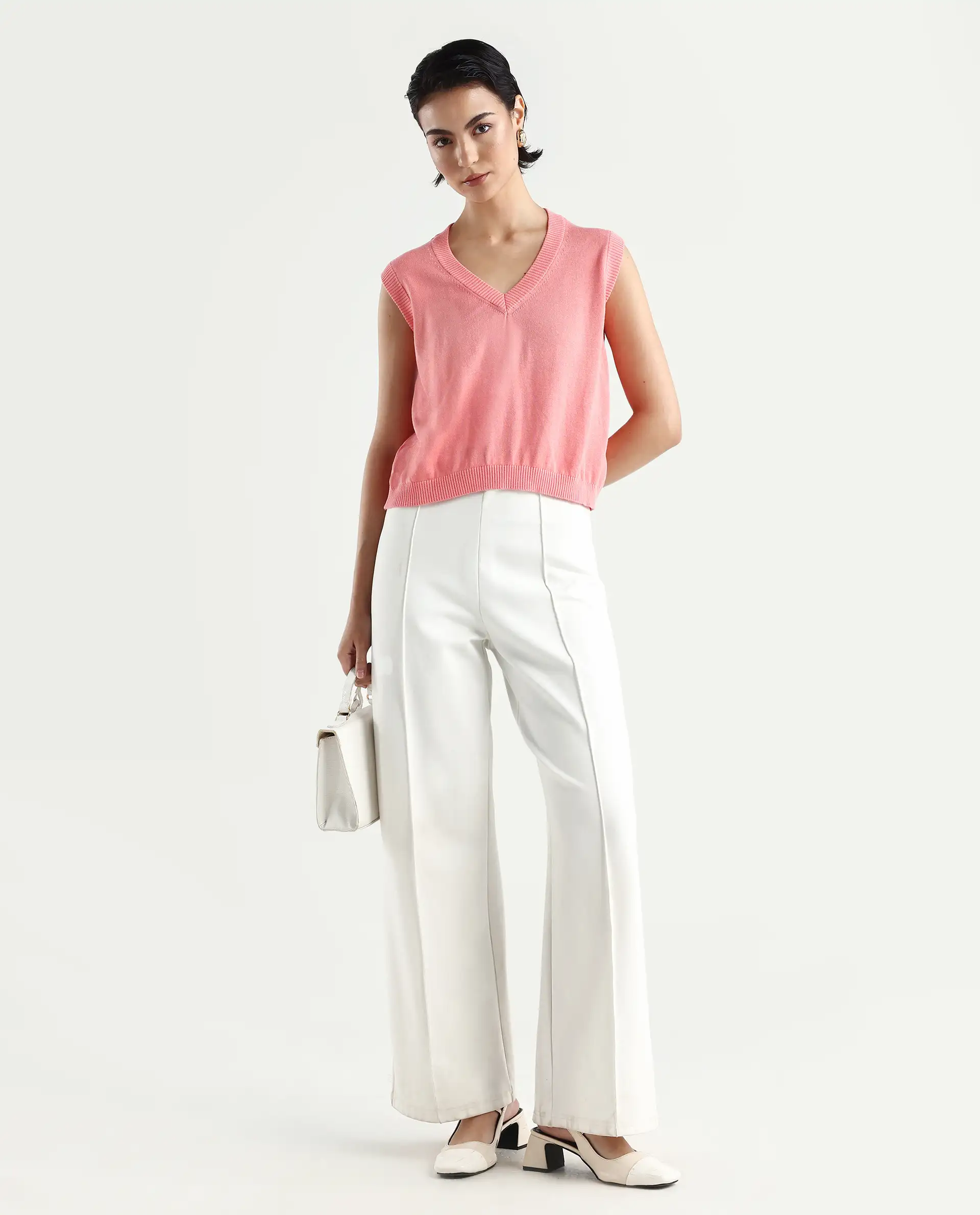 Rareism Women's Madelyn Pink Cotton V-Neck Plain Sleeveless Regular Fit Sweater - Image 2