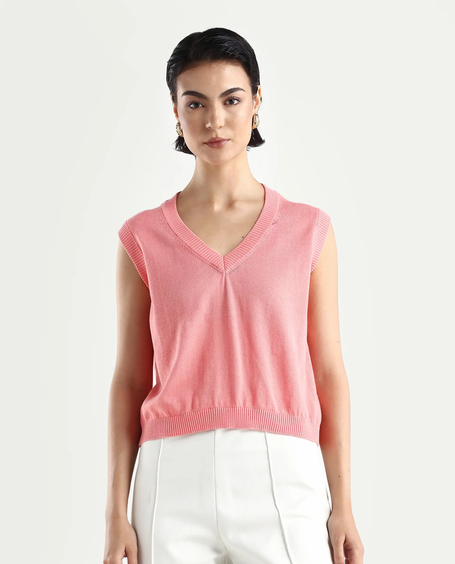 Rareism Women's Madelyn Pink Cotton V-Neck Plain Sleeveless Regular Fit Sweater - Image 3