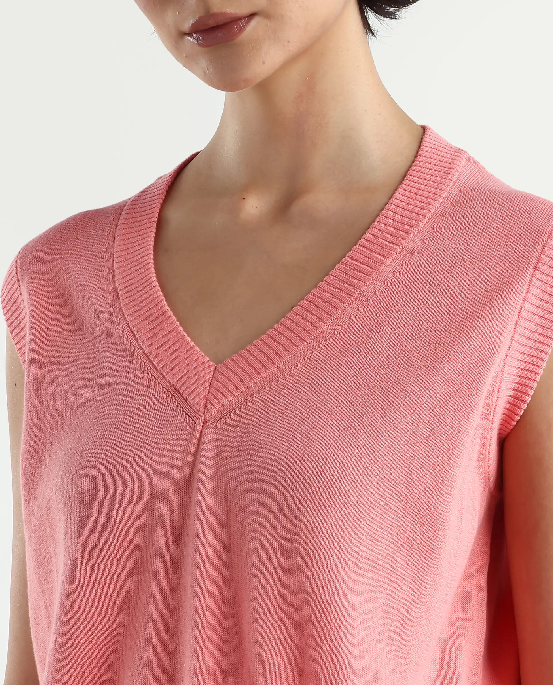 Rareism Women's Madelyn Pink Cotton V-Neck Plain Sleeveless Regular Fit Sweater - Image 4