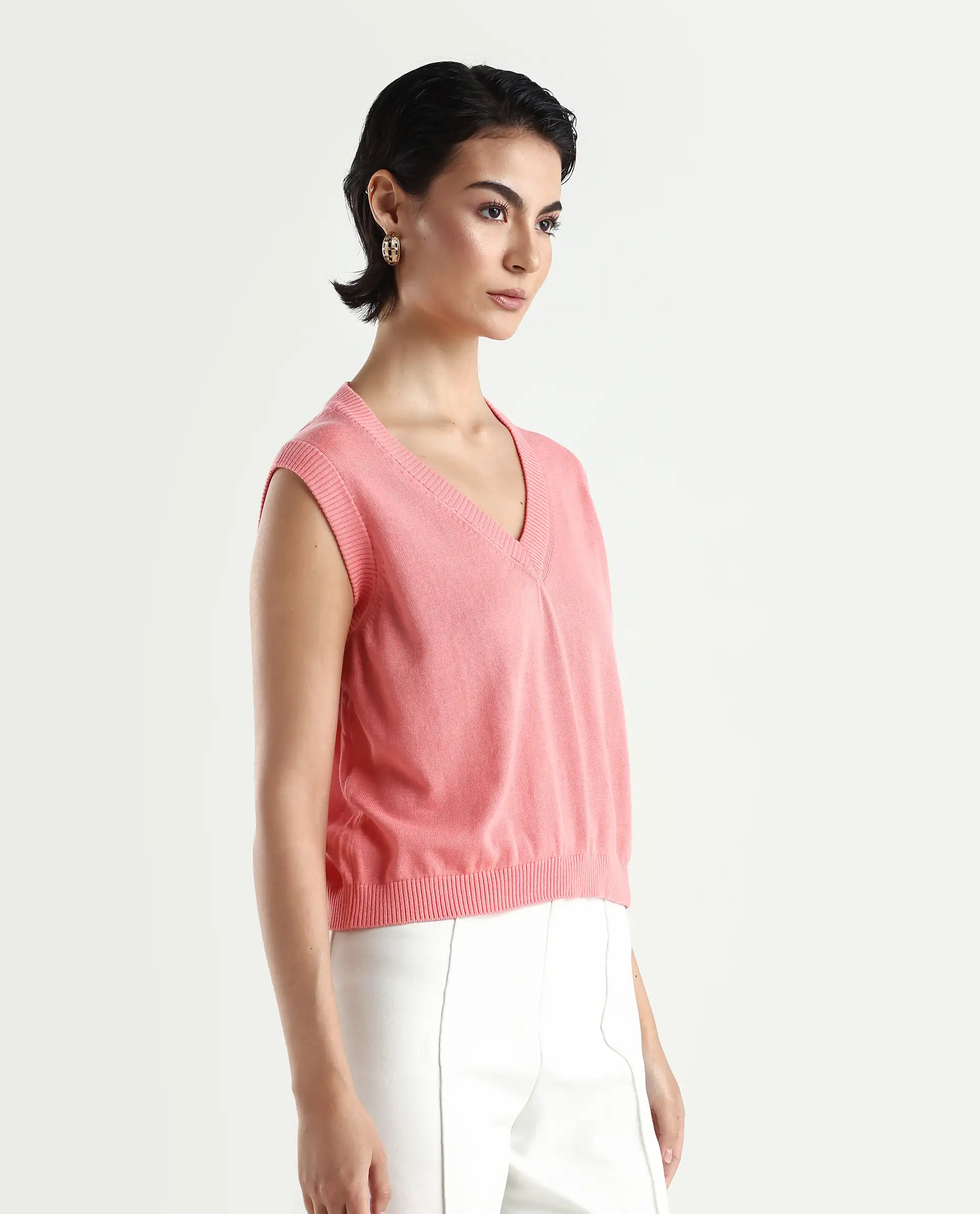 Rareism Women's Madelyn Pink Cotton V-Neck Plain Sleeveless Regular Fit Sweater - Image 5