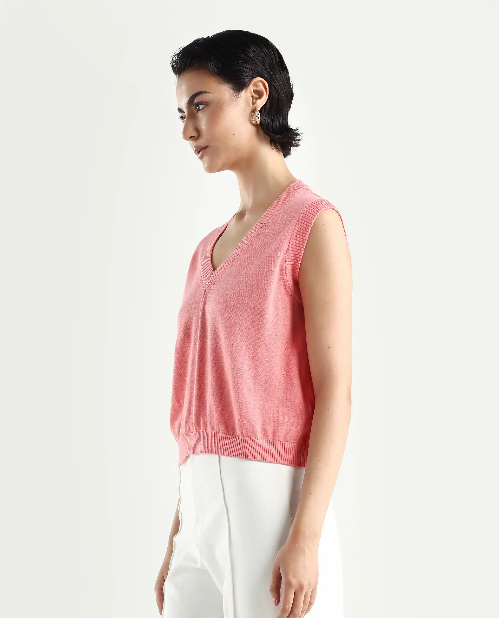 Rareism Women's Madelyn Pink Cotton V-Neck Plain Sleeveless Regular Fit Sweater - Image 6