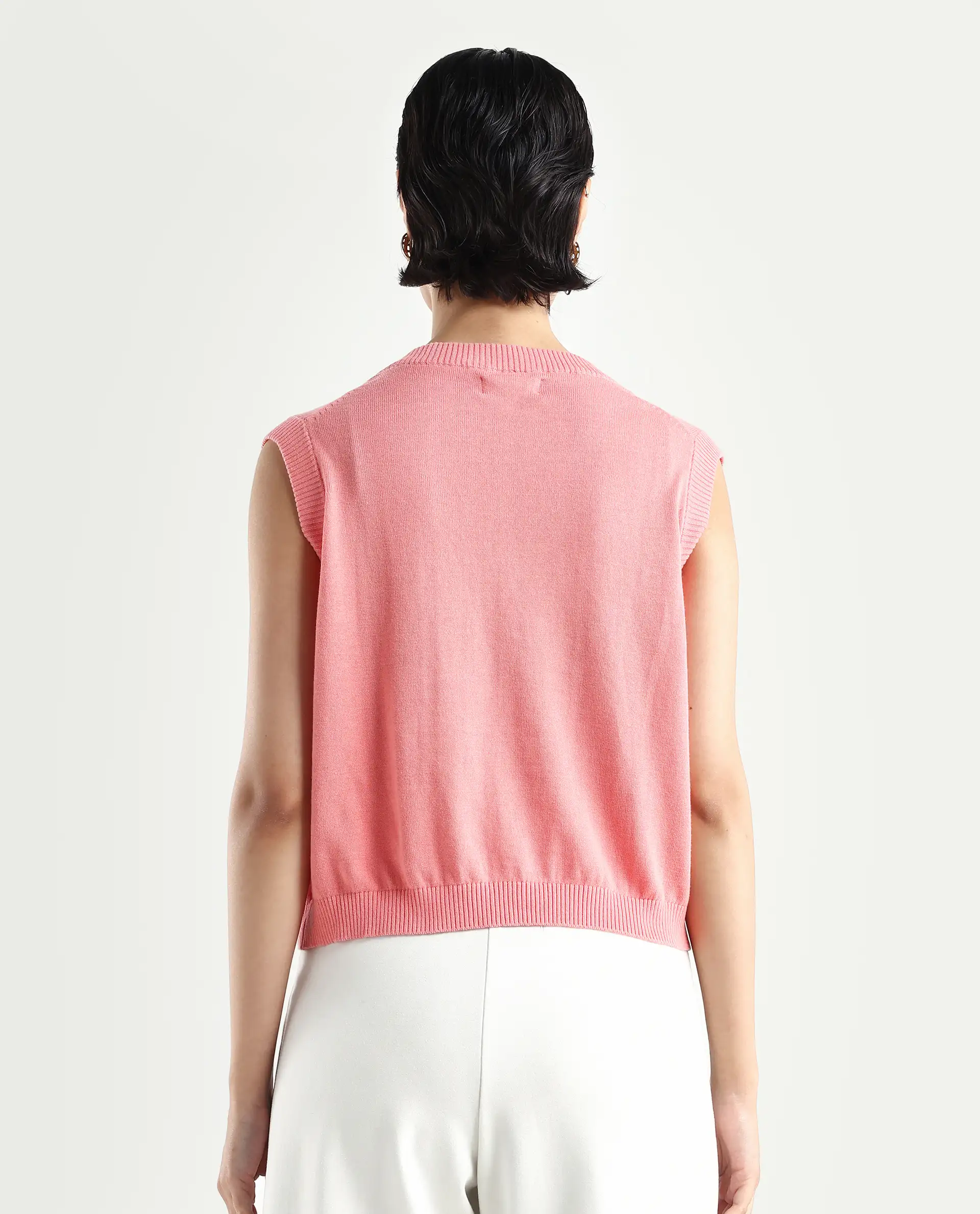 Rareism Women's Madelyn Pink Cotton V-Neck Plain Sleeveless Regular Fit Sweater - Image 7