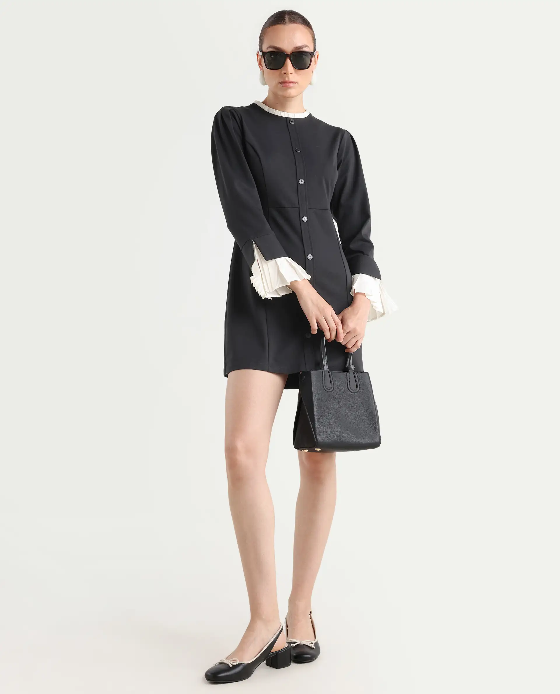 Rareism Women's Mafis Black Polyester Blend Ruffled Neck Plain Fashion Sleeve Mini Straight Fit Dress - Image 2