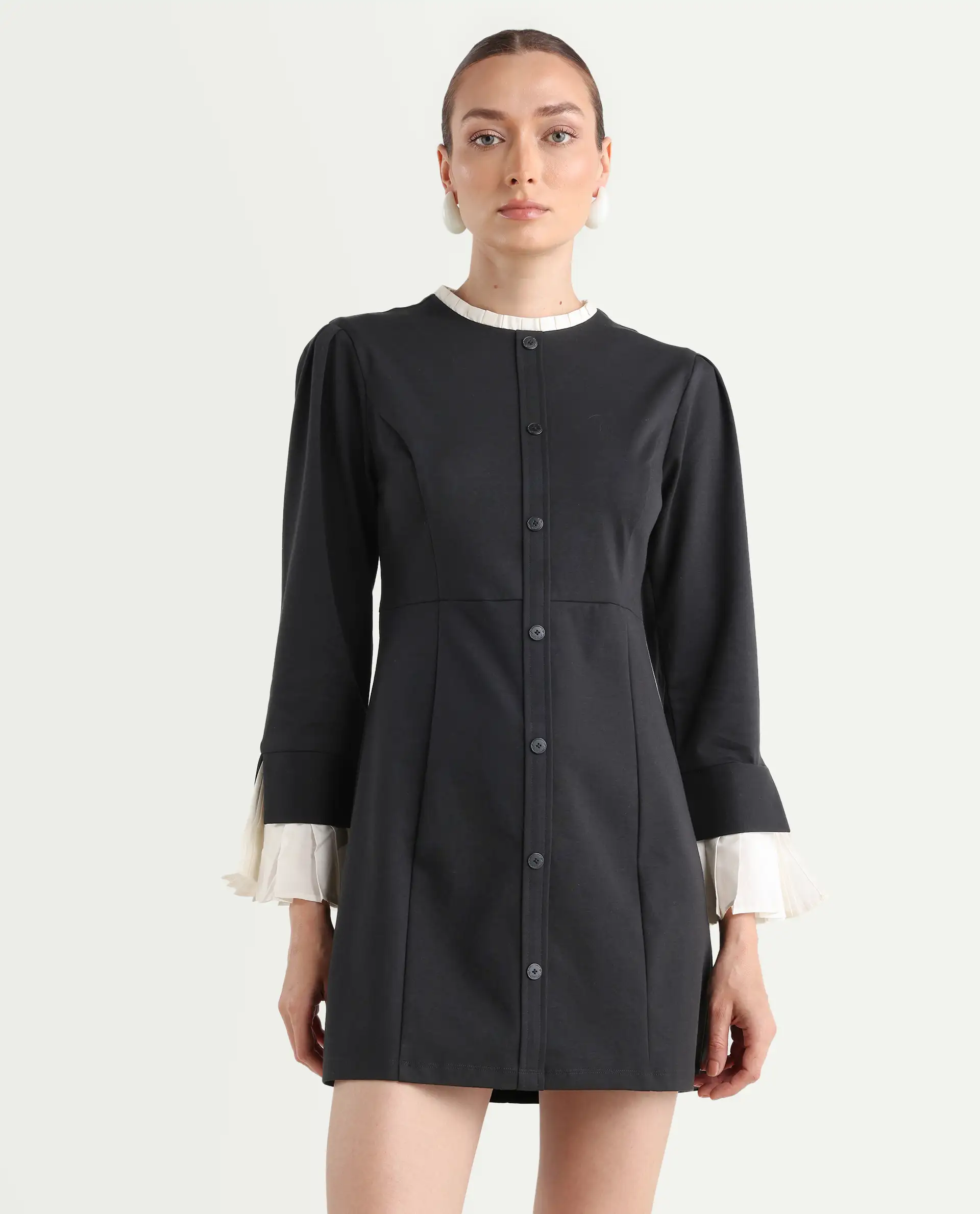 Rareism Women's Mafis Black Polyester Blend Ruffled Neck Plain Fashion Sleeve Mini Straight Fit Dress - Image 3